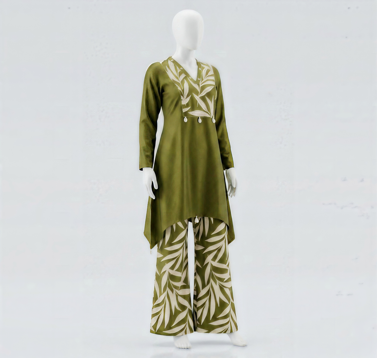 Olive Verdant Leaf Appliqué Co-ord Set with High-Low Tunic