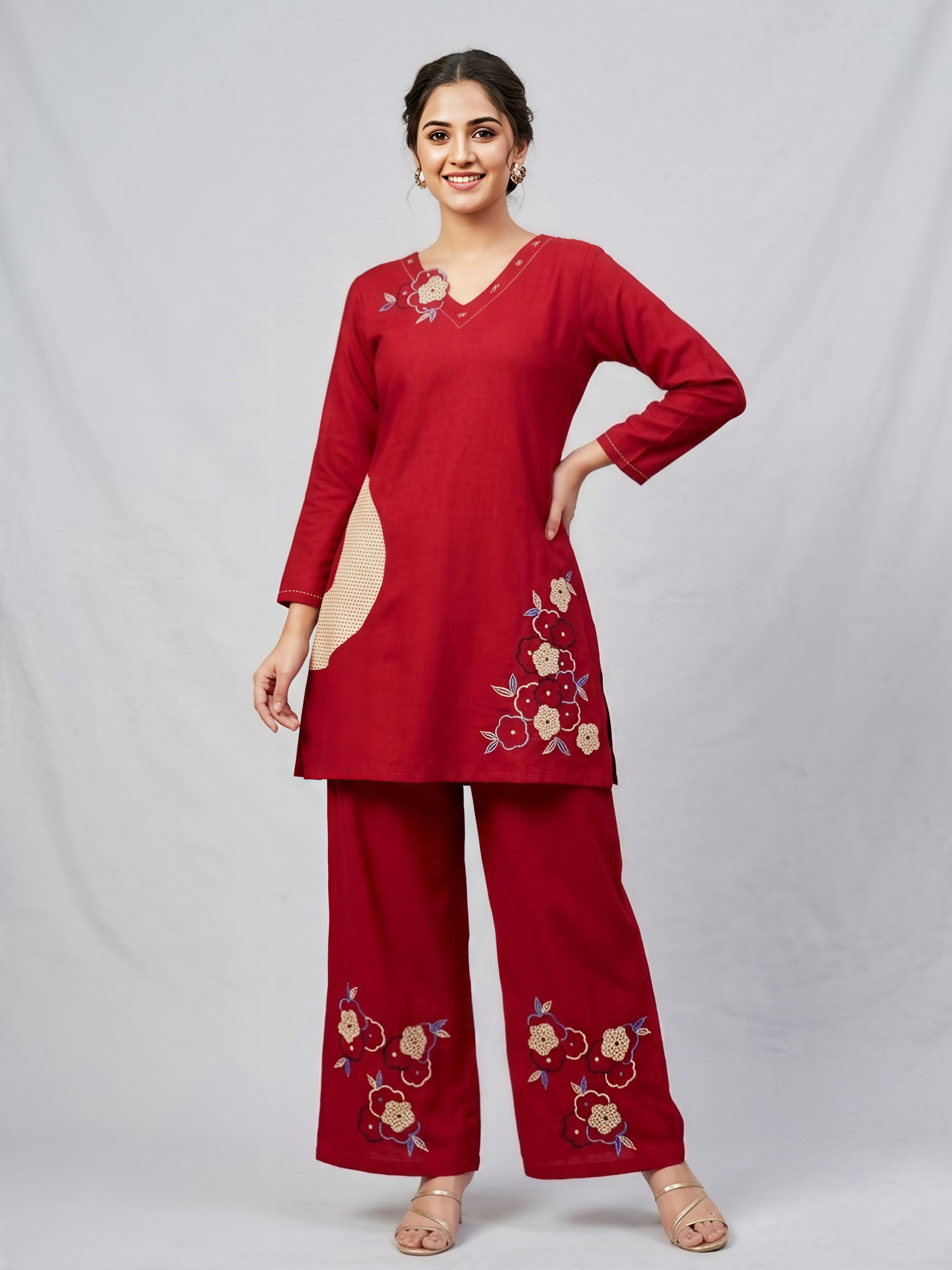 Maroon Cotton Co-ord Set with Floral Embroidery and Wide-Leg Trousers