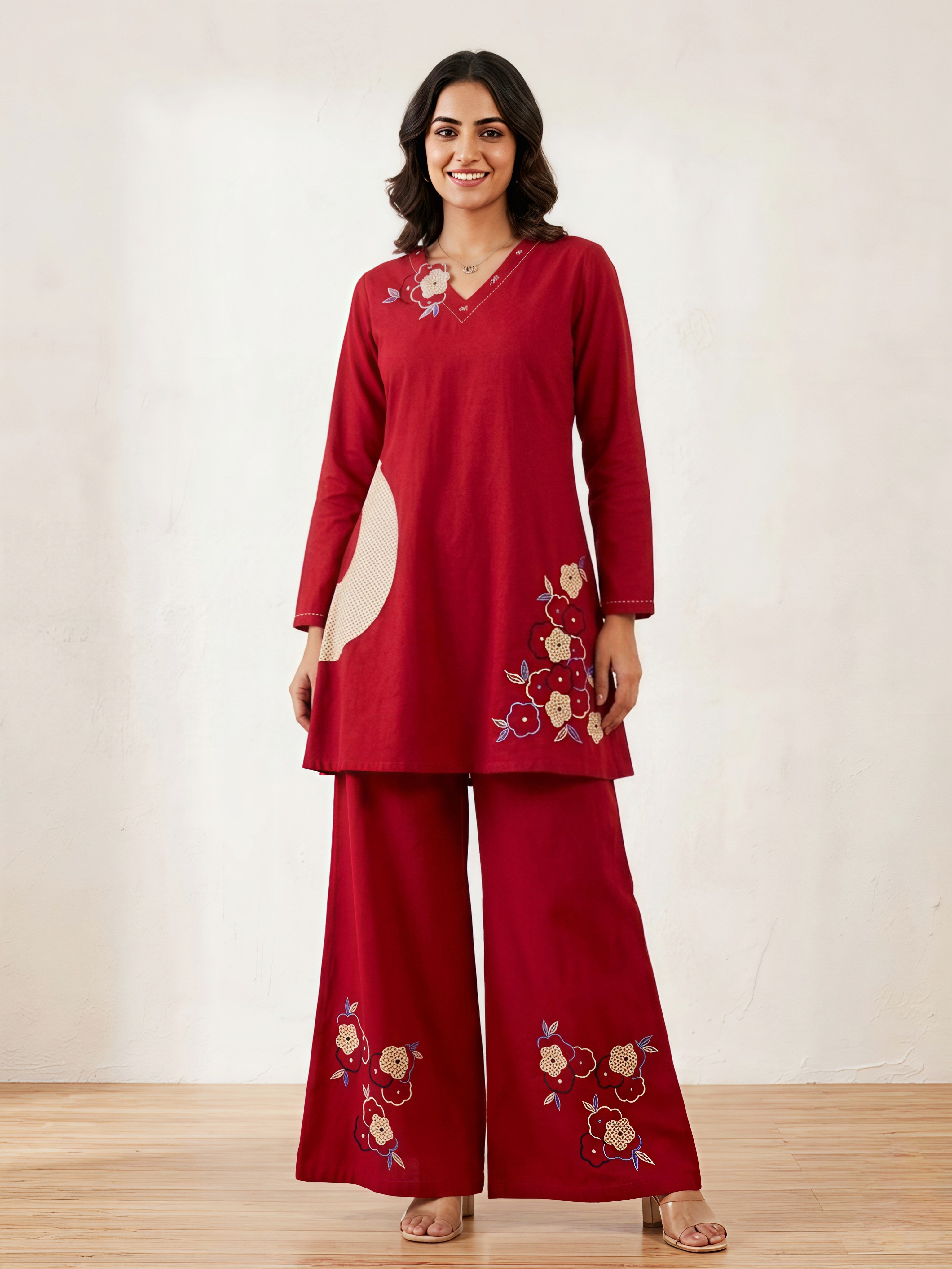Maroon Cotton Co-ord Set with Floral Embroidery and Wide-Leg Trousers