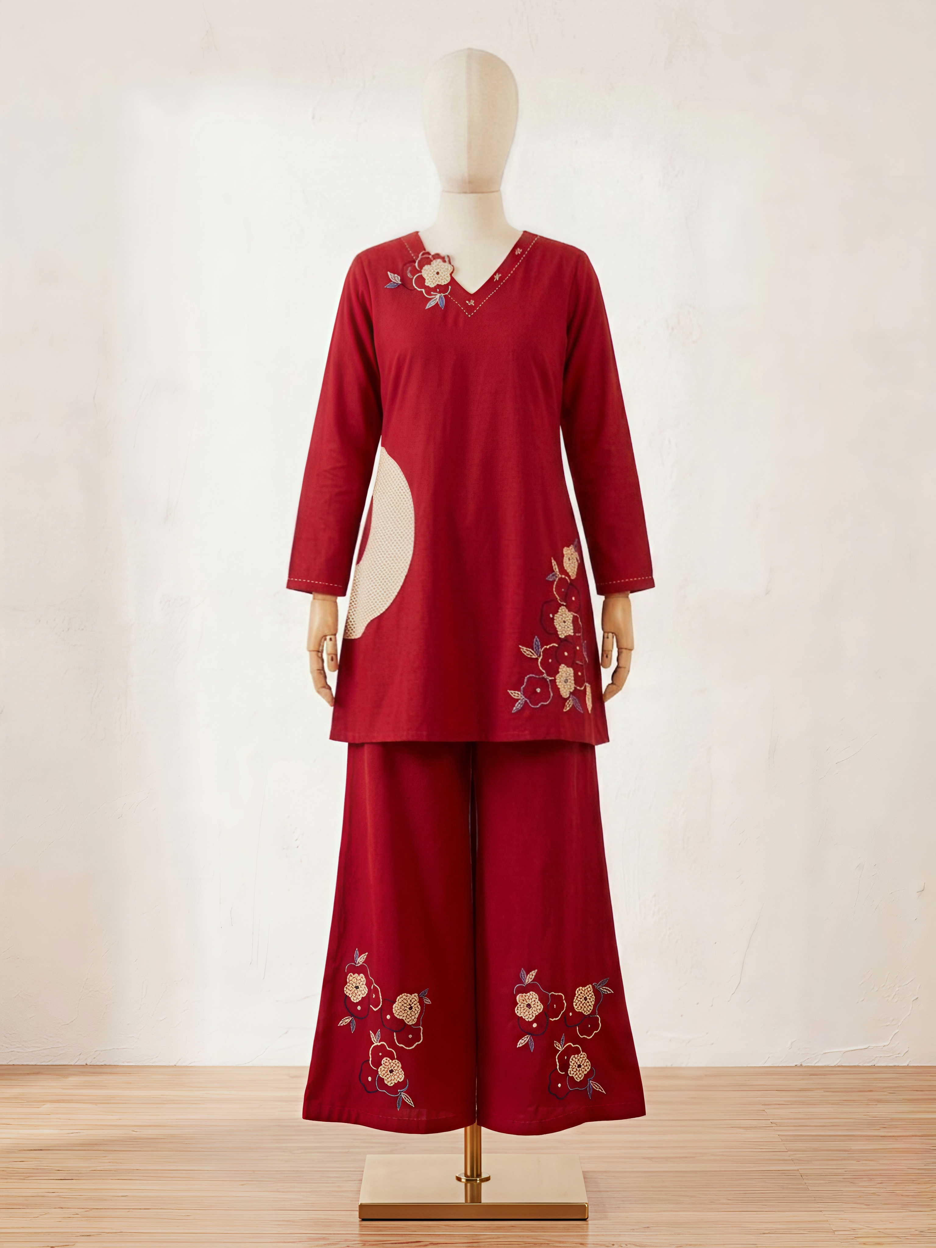 Maroon Cotton Co-ord Set with Floral Embroidery and Wide-Leg Trousers
