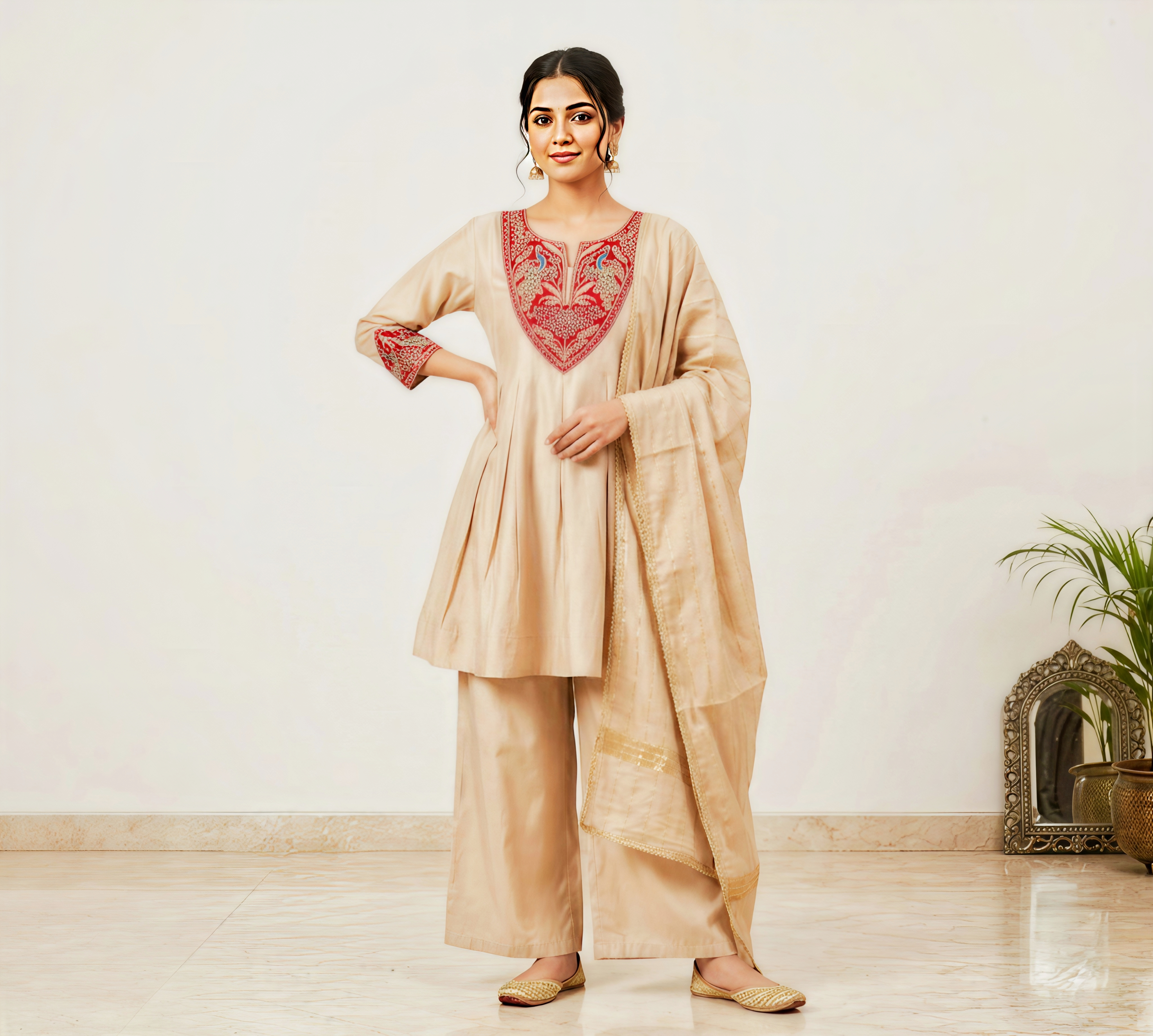 Women's Beige Silk Ethnic Suit Set – Embroidered Short Kurta with Palazzo and Dupatta