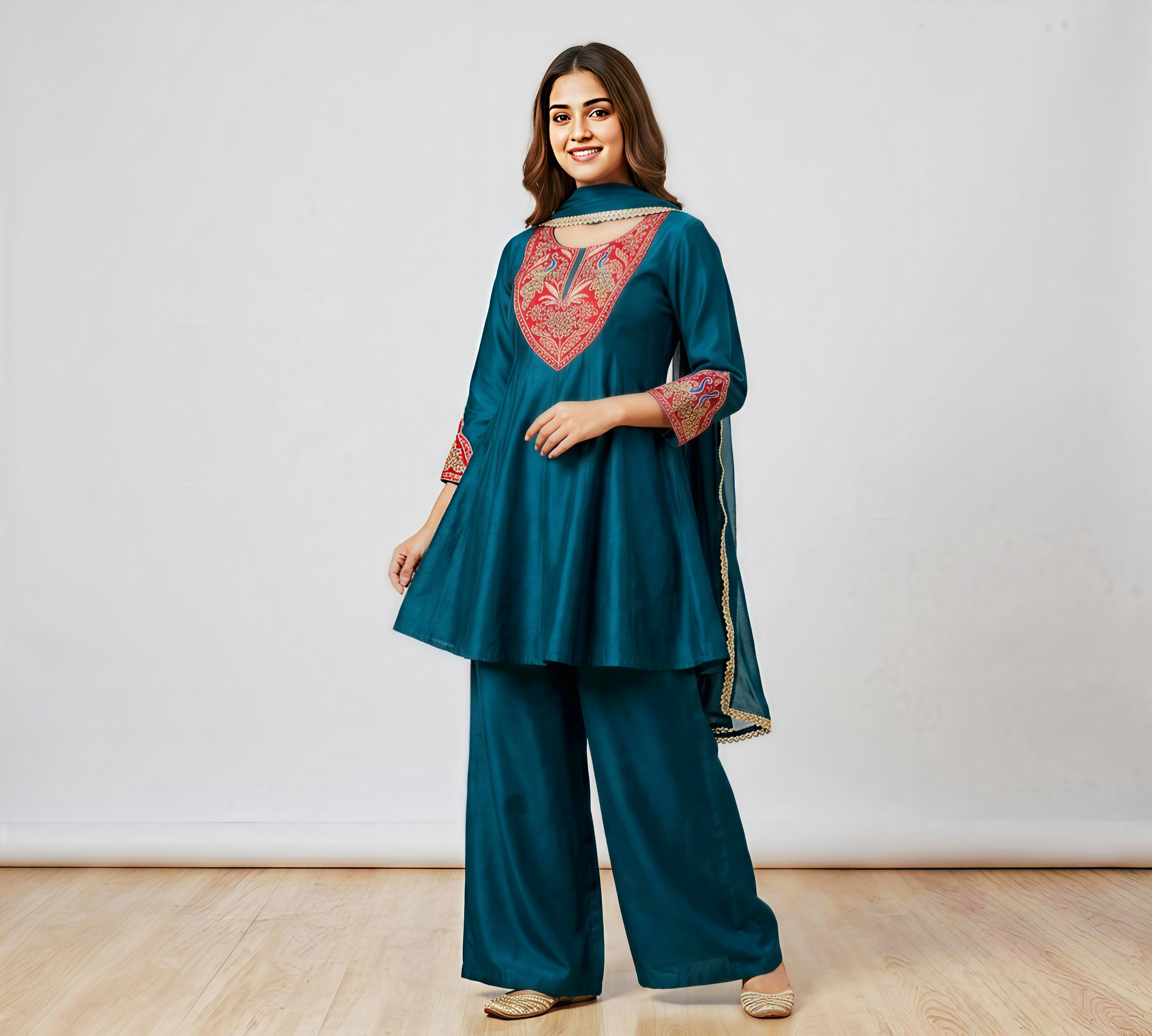 The Peacock Teal Short Anarkali Suit Set with Intricate Yoke Embroidery and Scalloped Dupatta