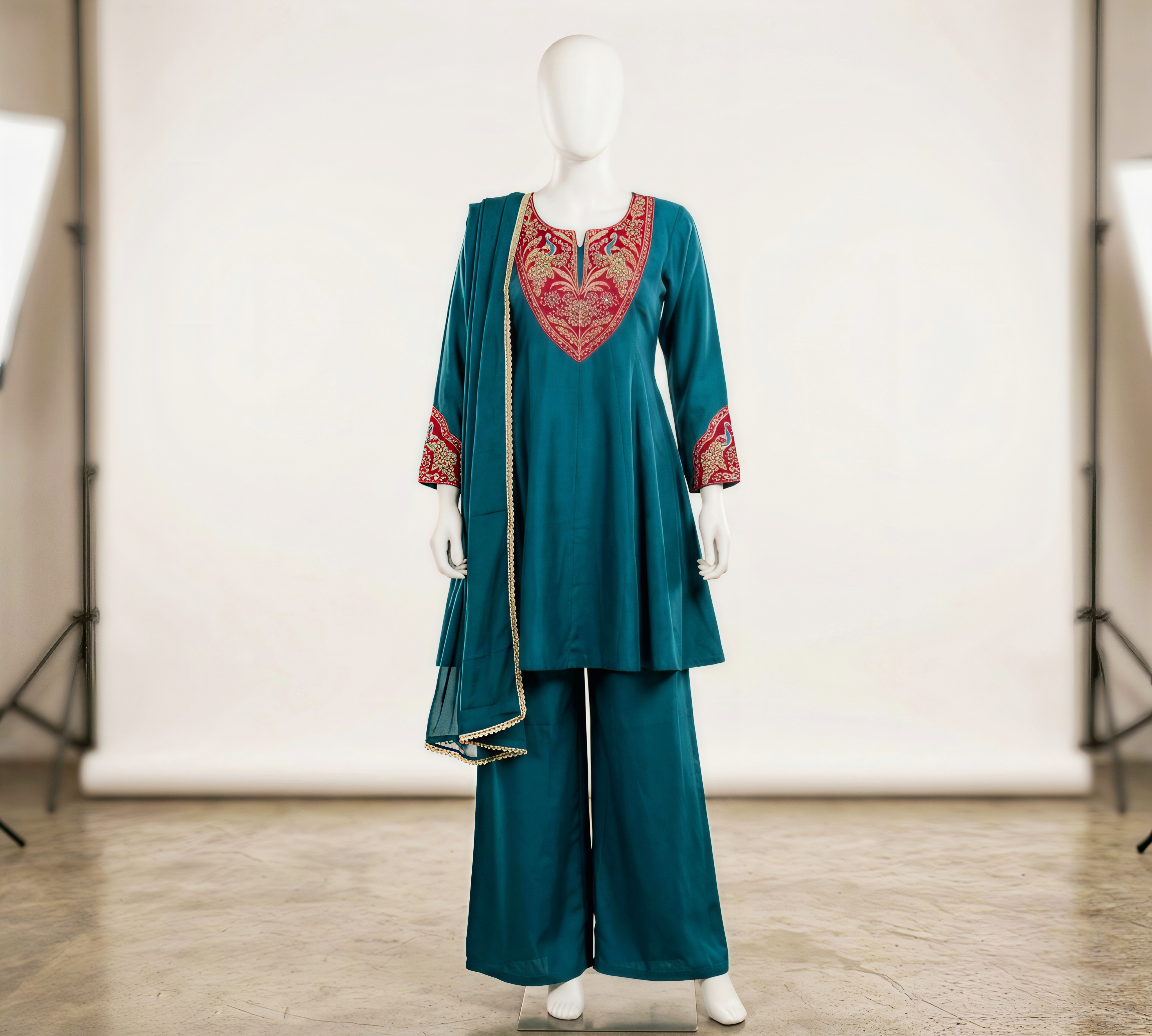 The Peacock Teal Short Anarkali Suit Set with Intricate Yoke Embroidery and Scalloped Dupatta