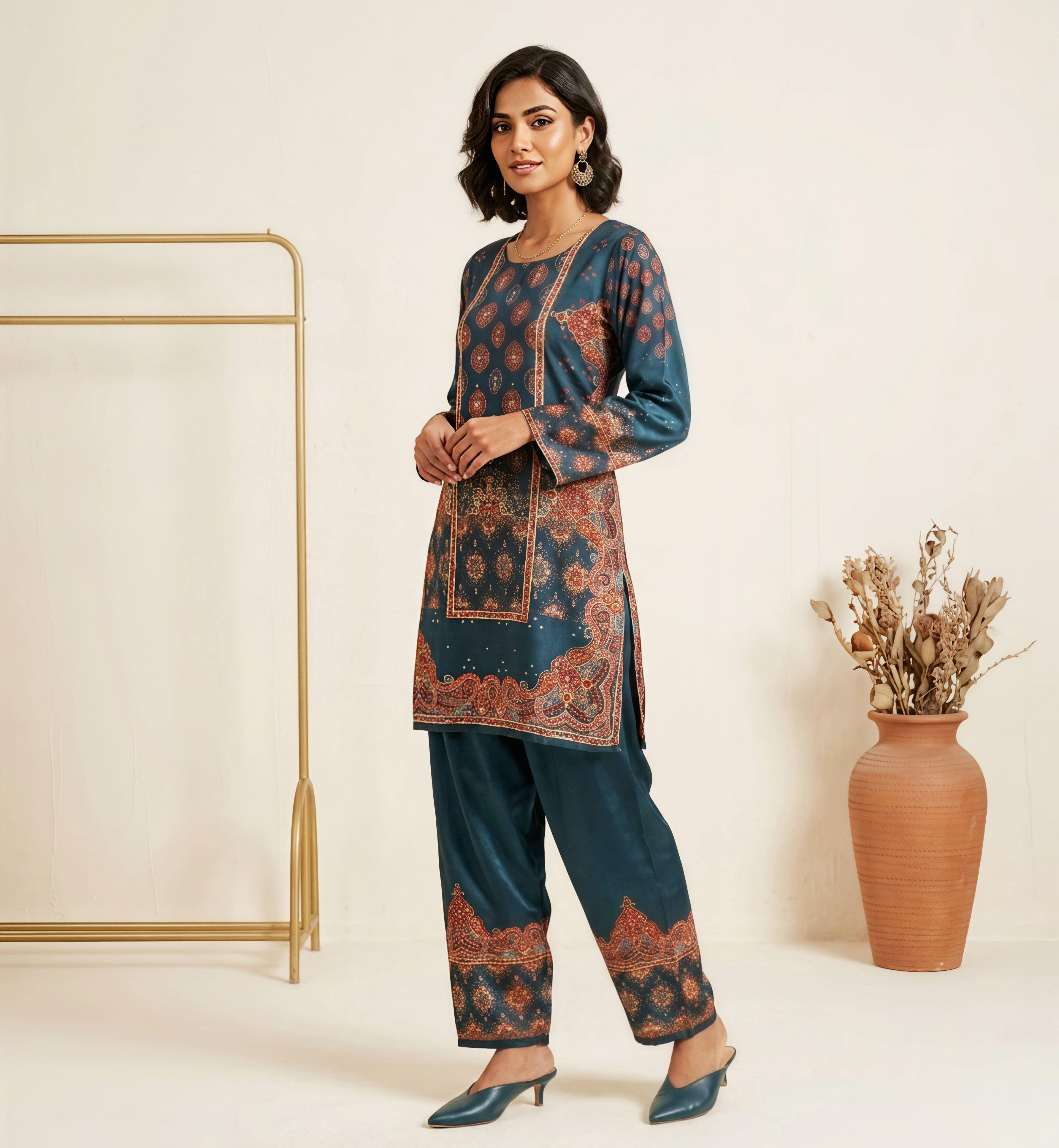 Elegant Teal Silk Co-ord Set with Intricate Heritage Print and Flared Palazzos