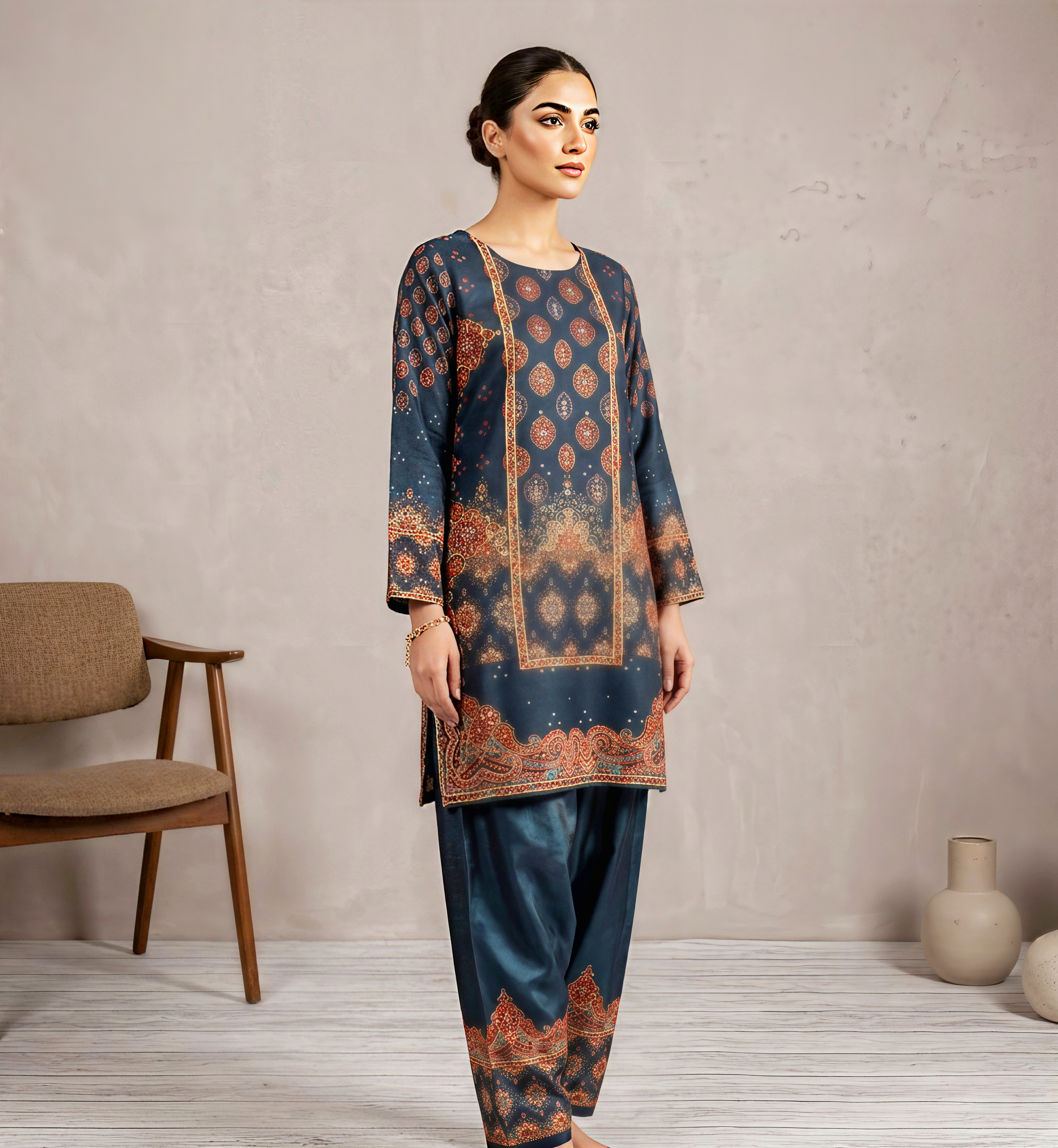 Elegant Teal Silk Co-ord Set with Intricate Heritage Print and Flared Palazzos