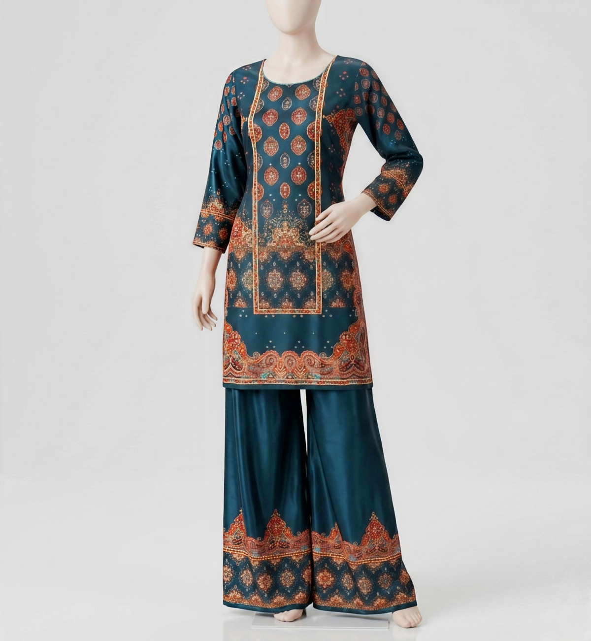 Elegant Teal Silk Co-ord Set with Intricate Heritage Print and Flared Palazzos