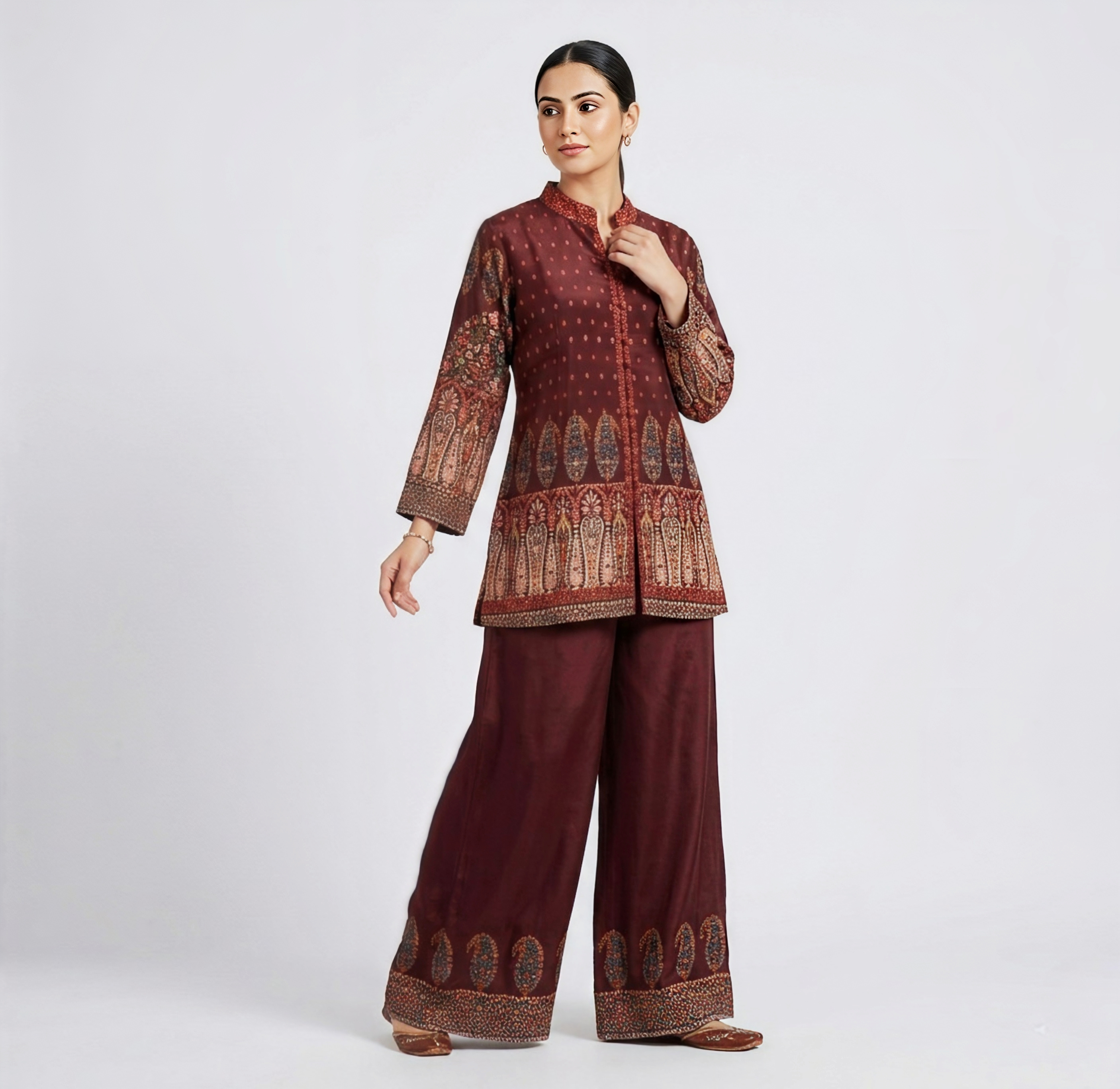 Rich Deep Wine Paisley Crap-Silk-Finish Co-ord Set with Mandarian Collar