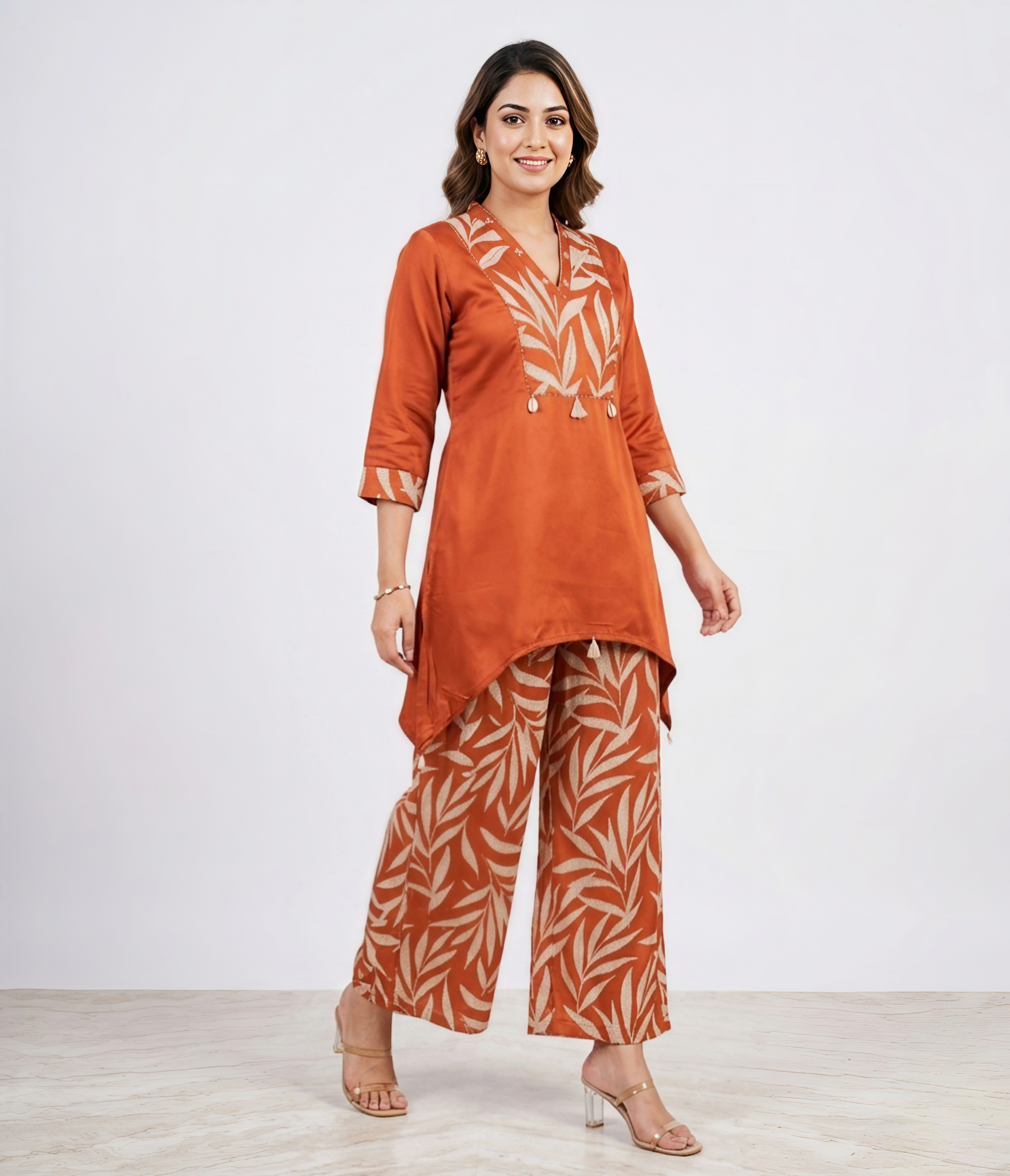 Women's Rust & Cream Leaf Print Cotton Co-ord Set – 3/4 Sleeve Tunic with Palazzo Pants