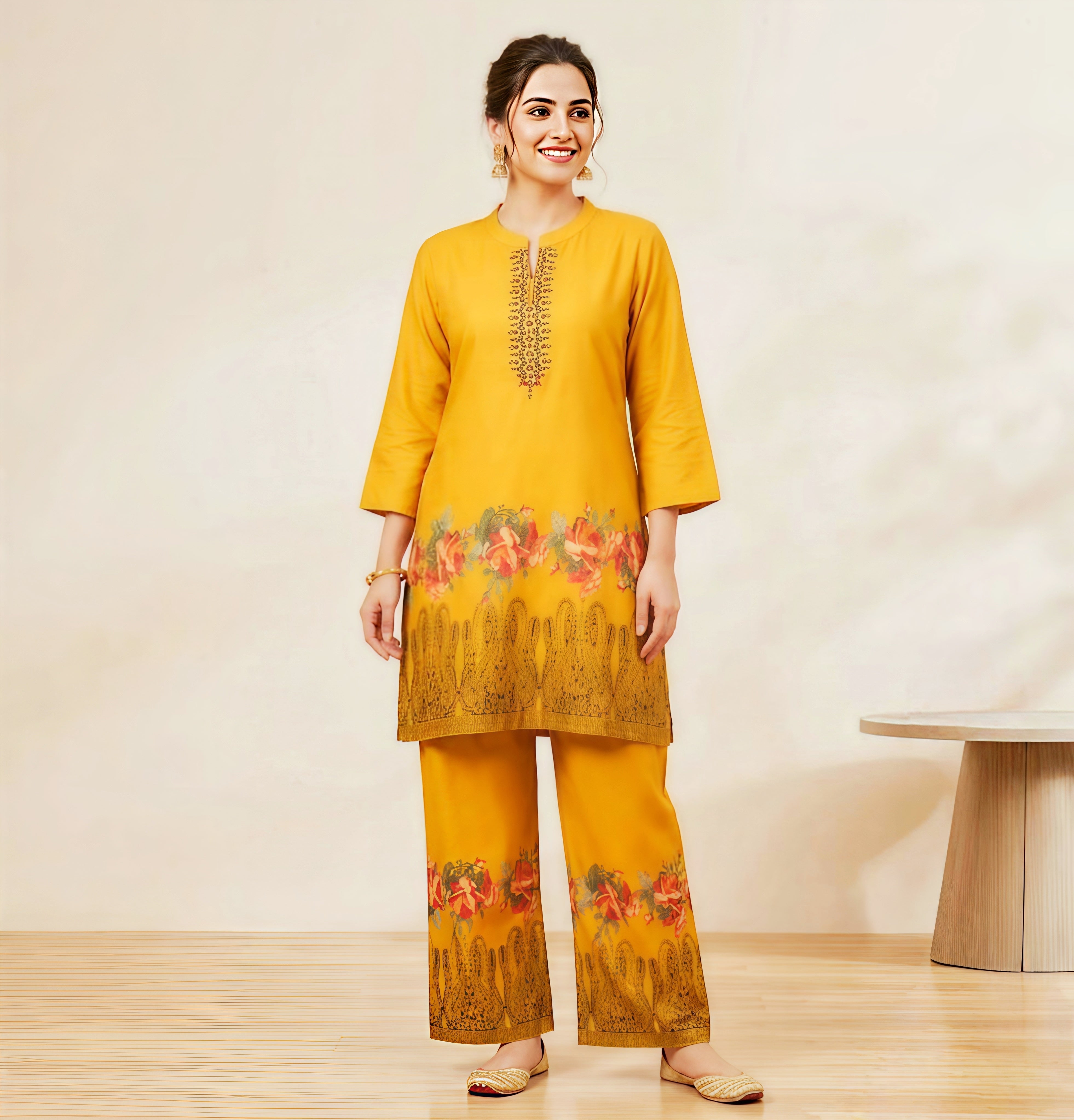 Marigold Bloom: Two-Piece Printed Co-ord Set with Intricate Border Detail