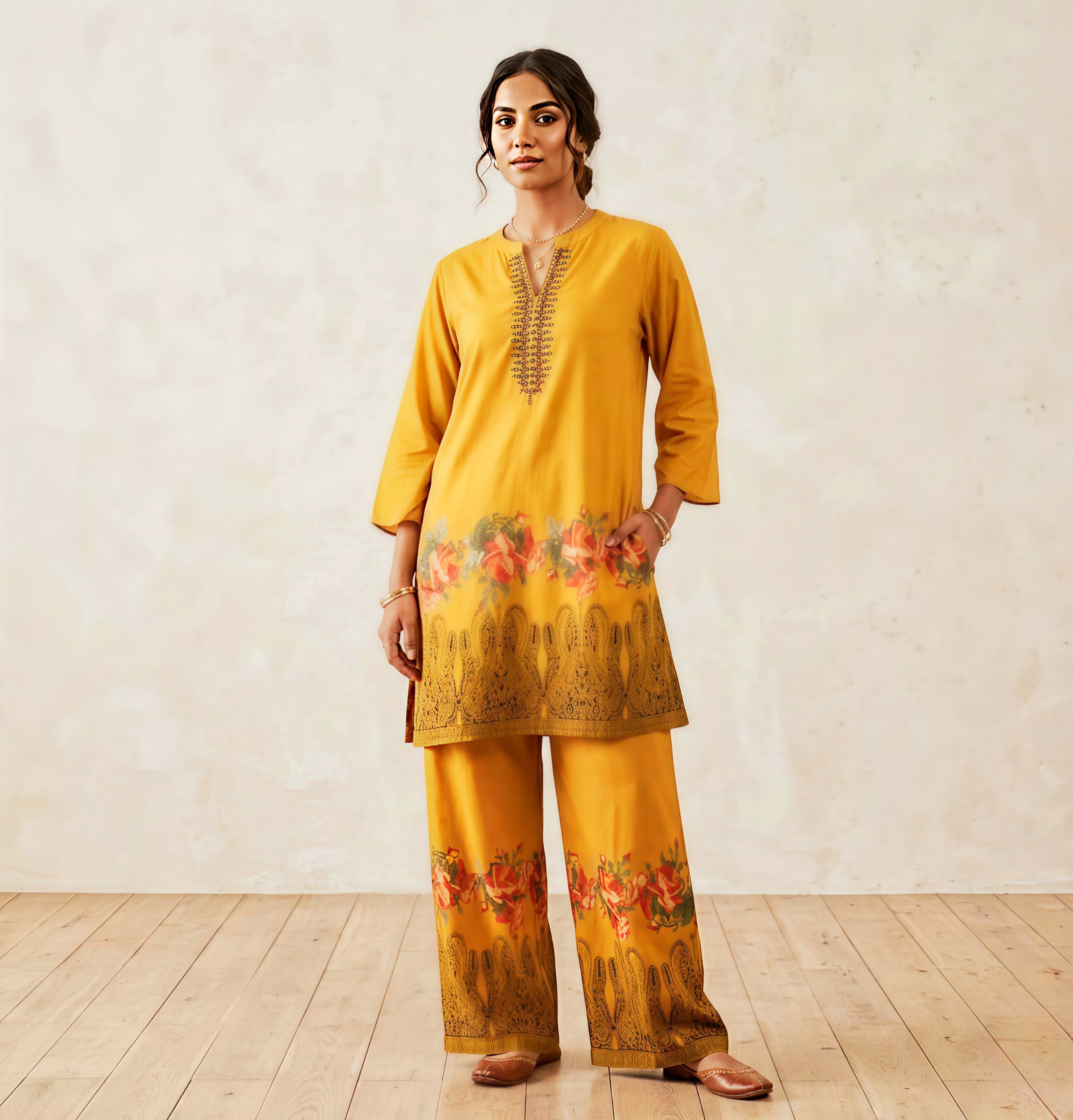 Marigold Bloom: Two-Piece Printed Co-ord Set with Intricate Border Detail