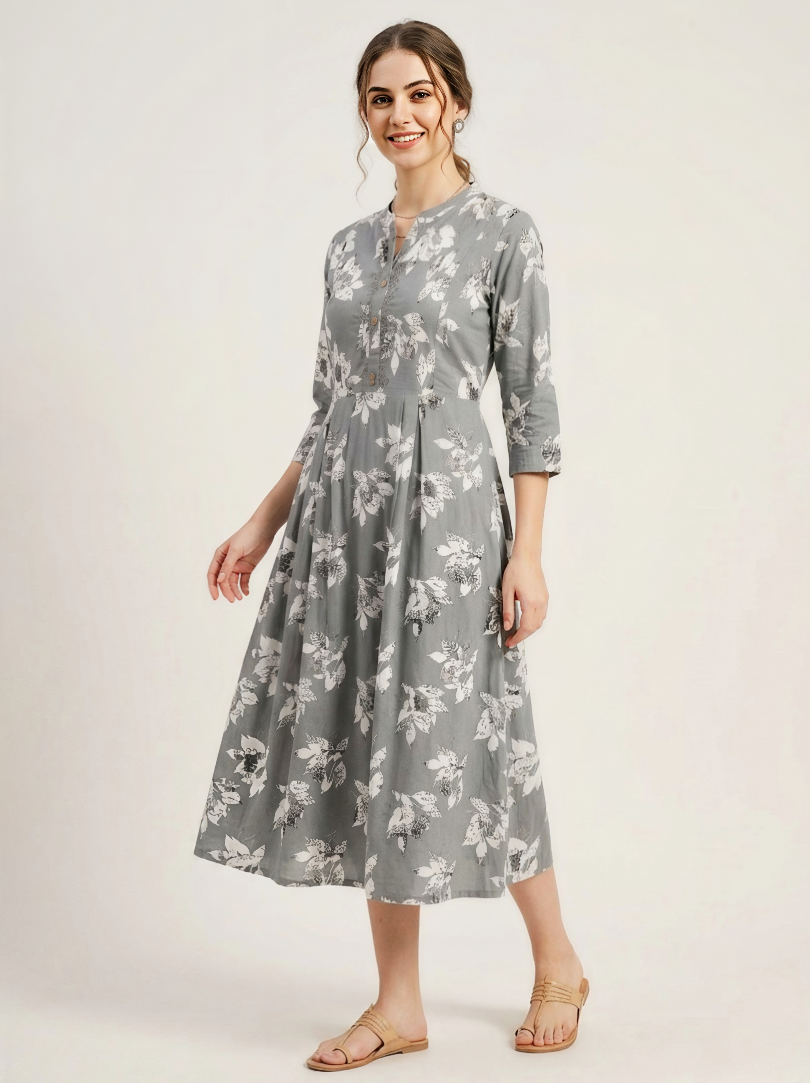 Women's Grey Floral Print RAYON Kurti with Mandarin Collar
