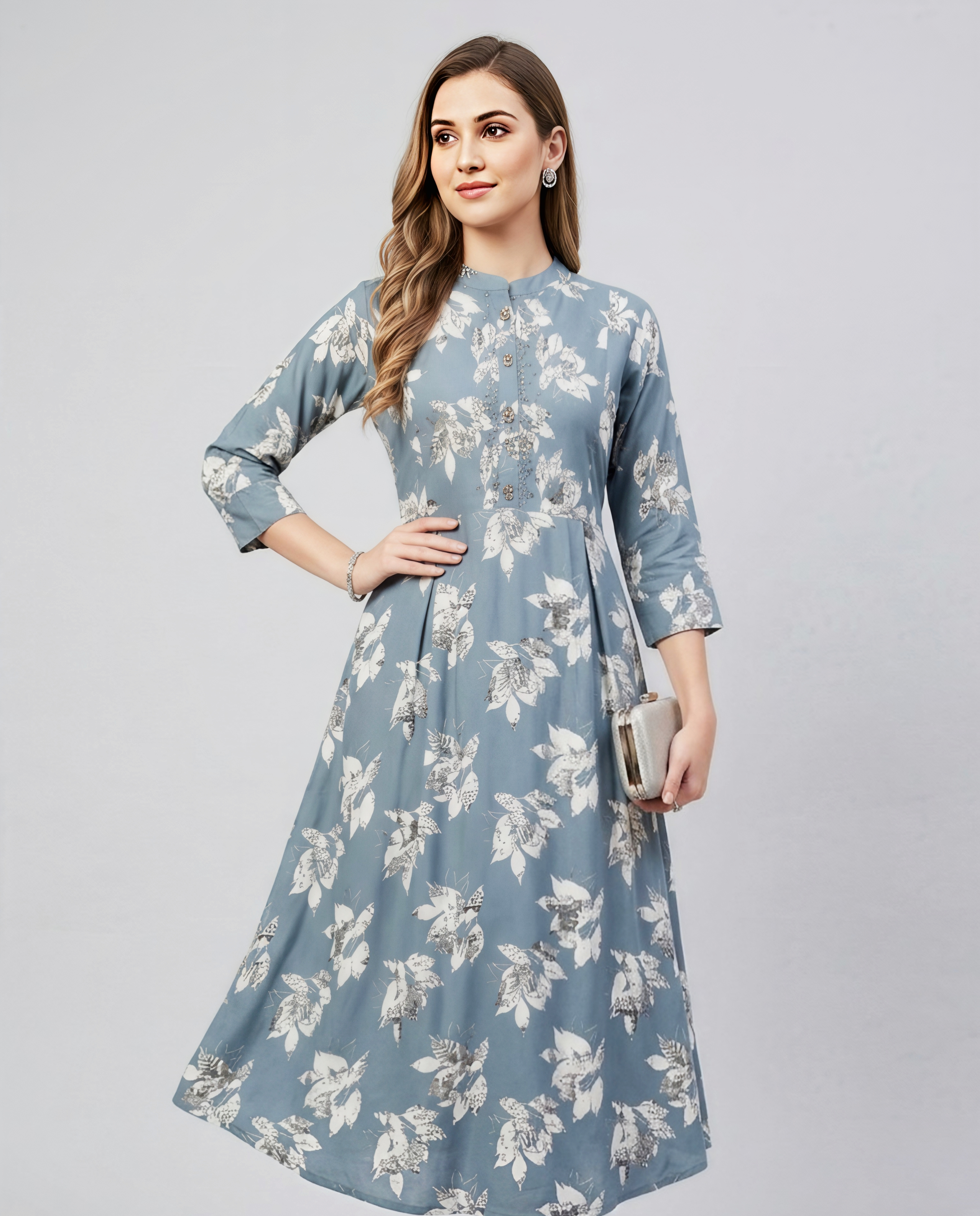 Dusty Blue Floral Print Anarkali Kurti with Mandarin Collar & Pleated Waist