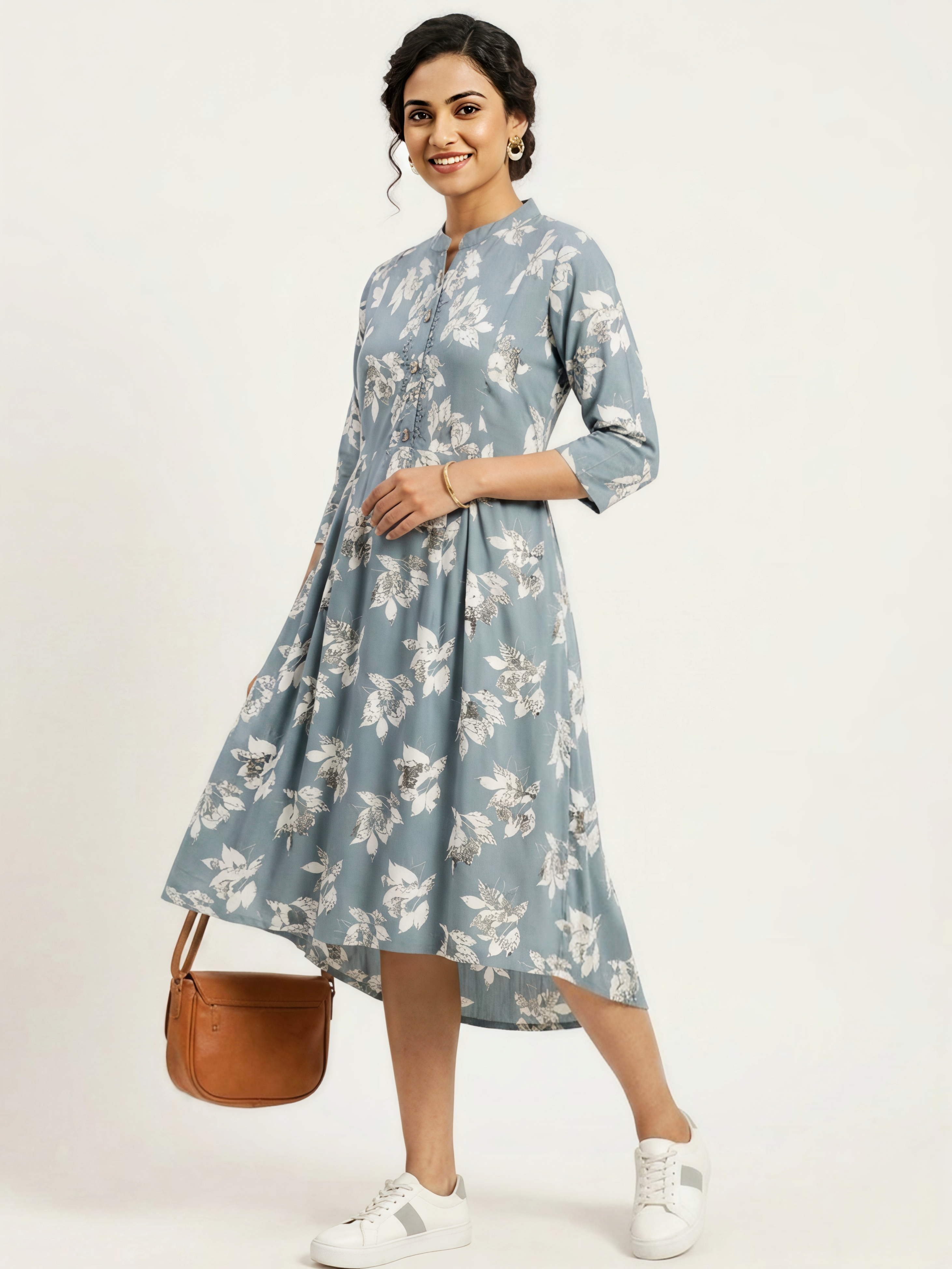 Dusty Blue Floral Print Anarkali Kurti with Mandarin Collar & Pleated Waist