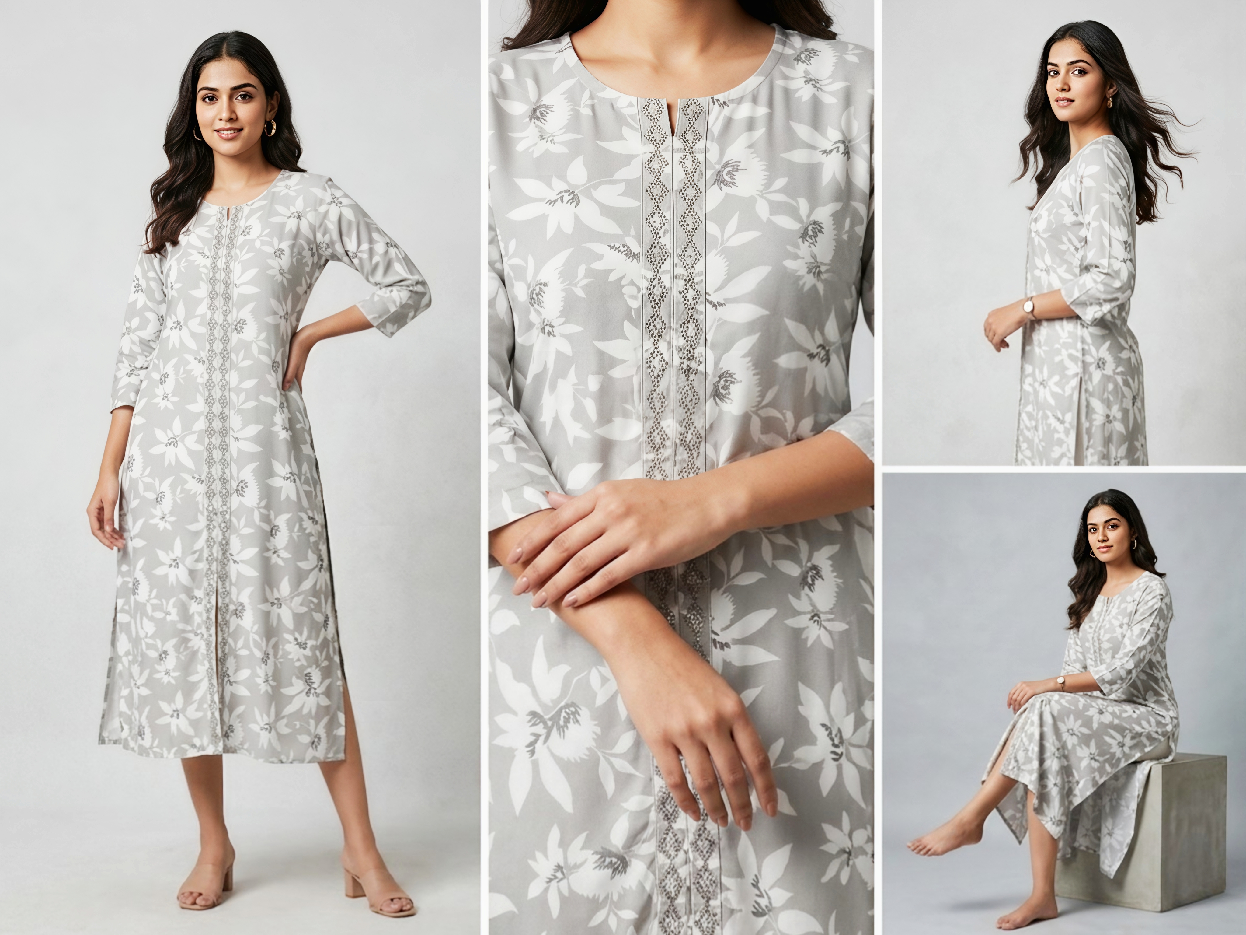 Women’s Grey & White Floral Print Straight Kurta with Embroidered Neckline