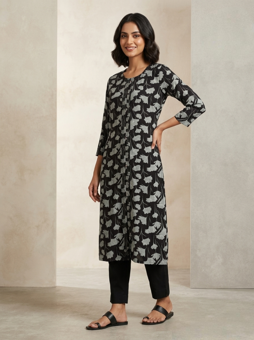 Women’s Black & Grey Floral Printed Straight Kurti 3/4 Sleeve Knee-Length