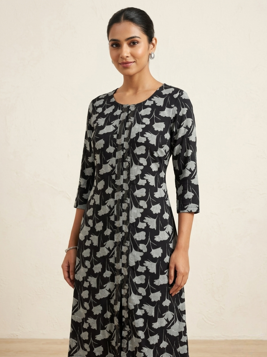Women’s Black & Grey Floral Printed Straight Kurti 3/4 Sleeve Knee-Length