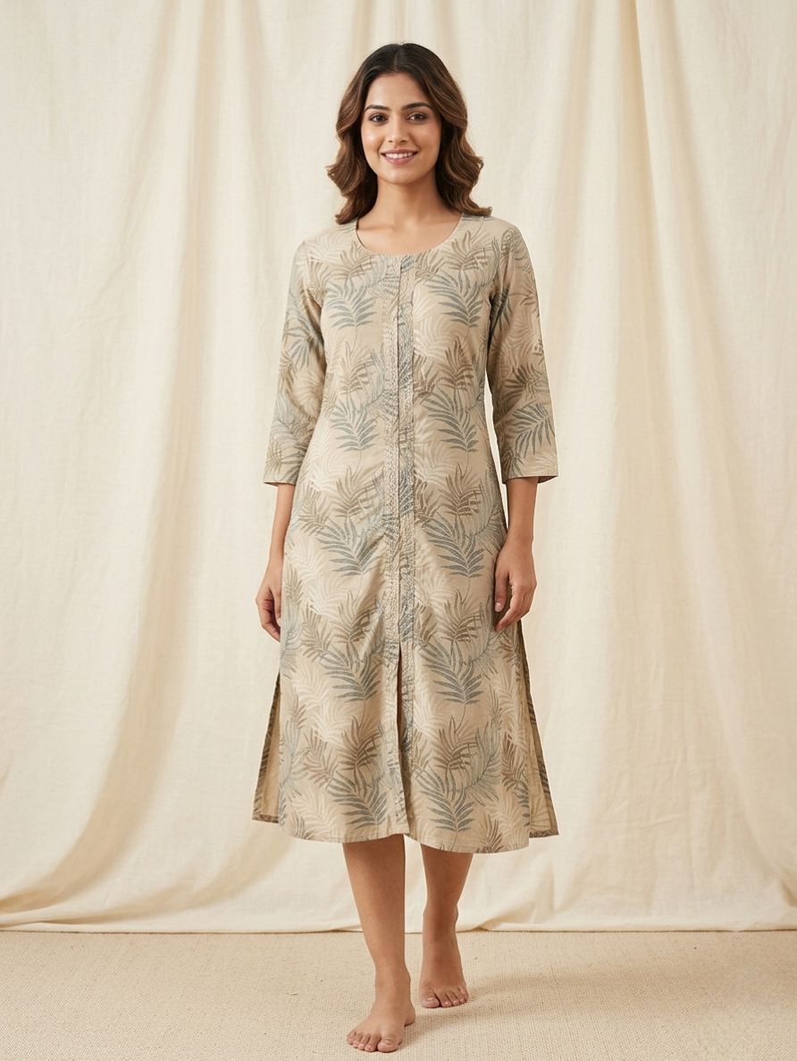 Sage Leaf Print Front-Slit Kurti in Natural Beige