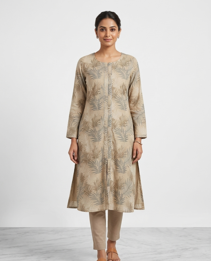 Sage Leaf Print Front-Slit Kurti in Natural Beige