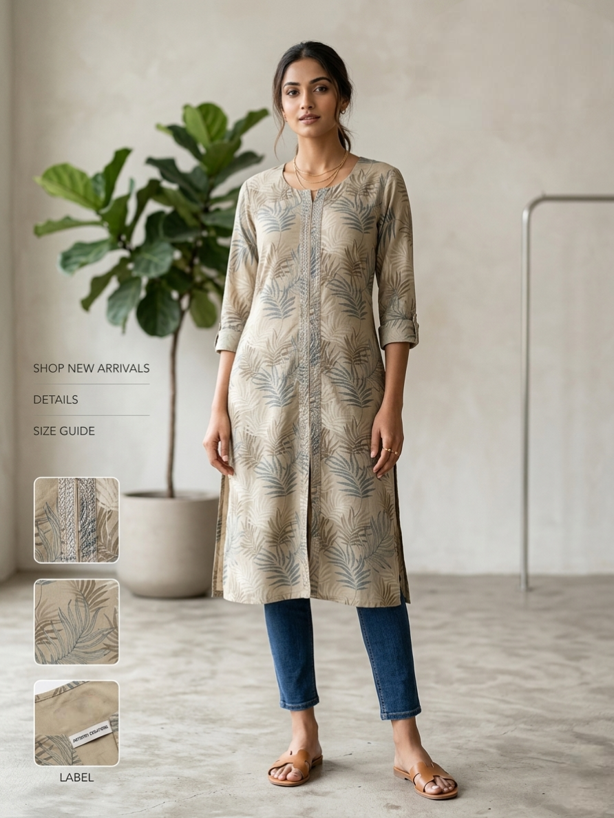 Sage Leaf Print Front-Slit Kurti in Natural Beige