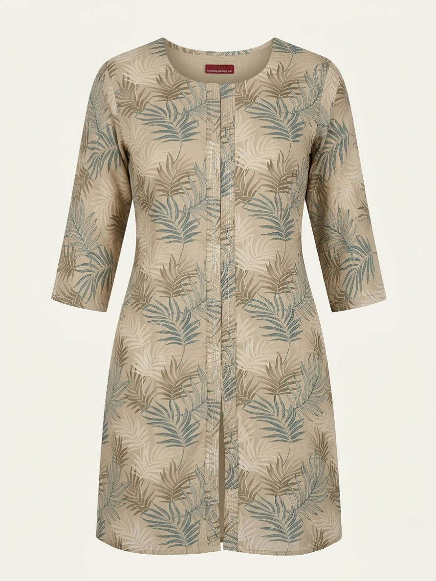 Sage Leaf Print Front-Slit Kurti in Natural Beige