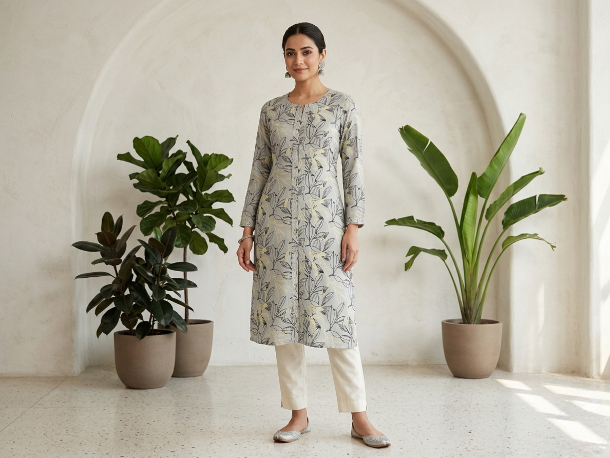 The Azure Leaf Straight Kurti in Dove Grey with Subtle Yellow Accents