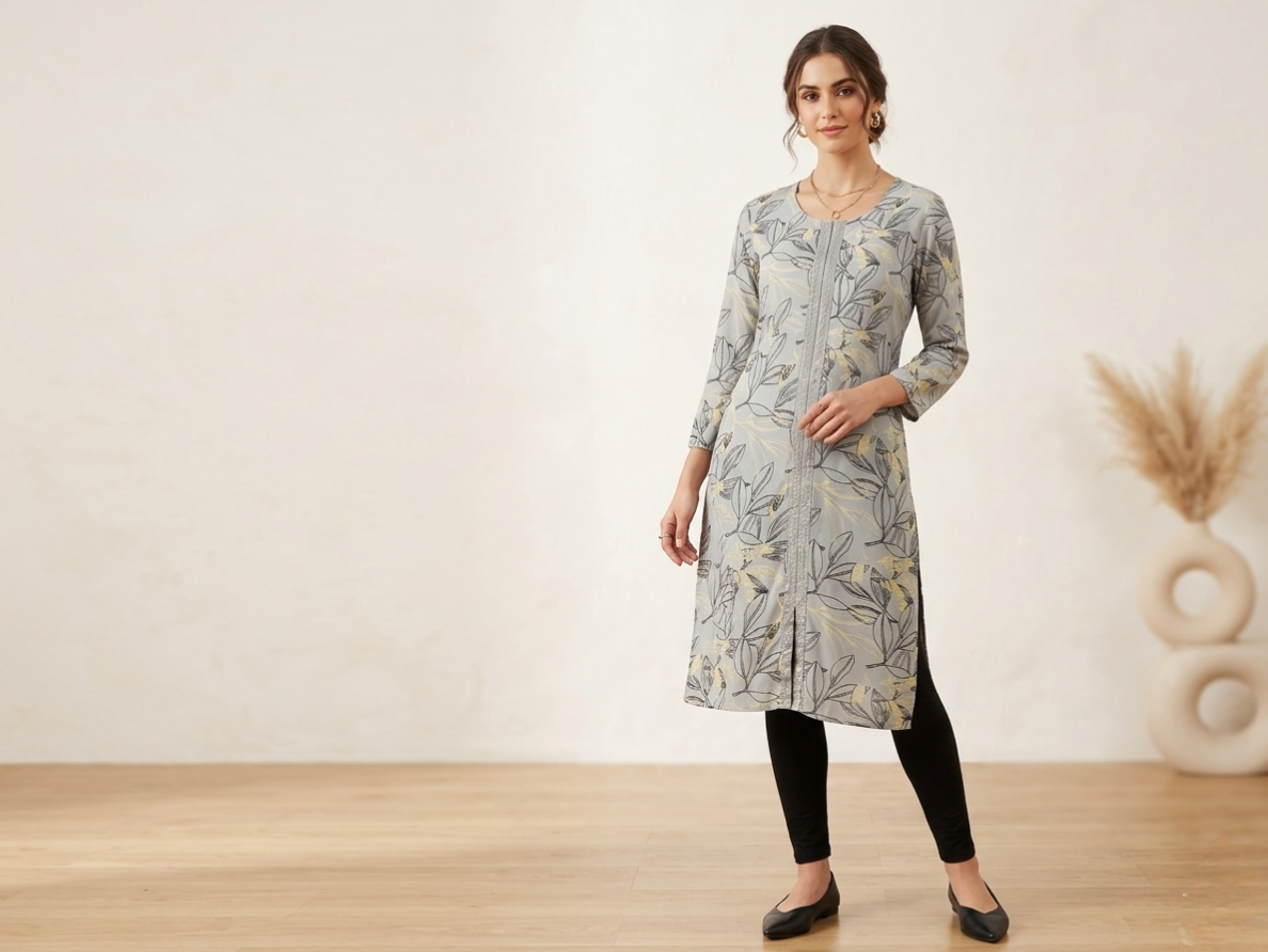 The Azure Leaf Straight Kurti in Dove Grey with Subtle Yellow Accents