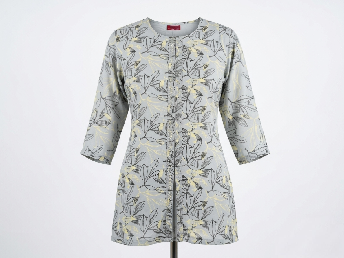 The Azure Leaf Straight Kurti in Dove Grey with Subtle Yellow Accents