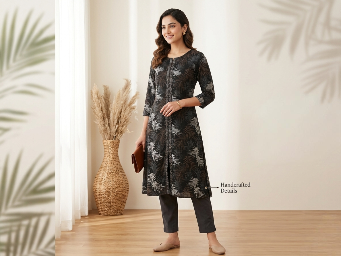 Women’s Dark Earth-Tone Tropical Leaf Print Kurti – 3/4 Sleeve