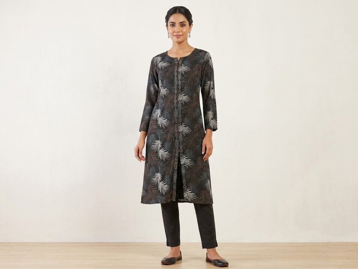 Women’s Dark Earth-Tone Tropical Leaf Print Kurti – 3/4 Sleeve