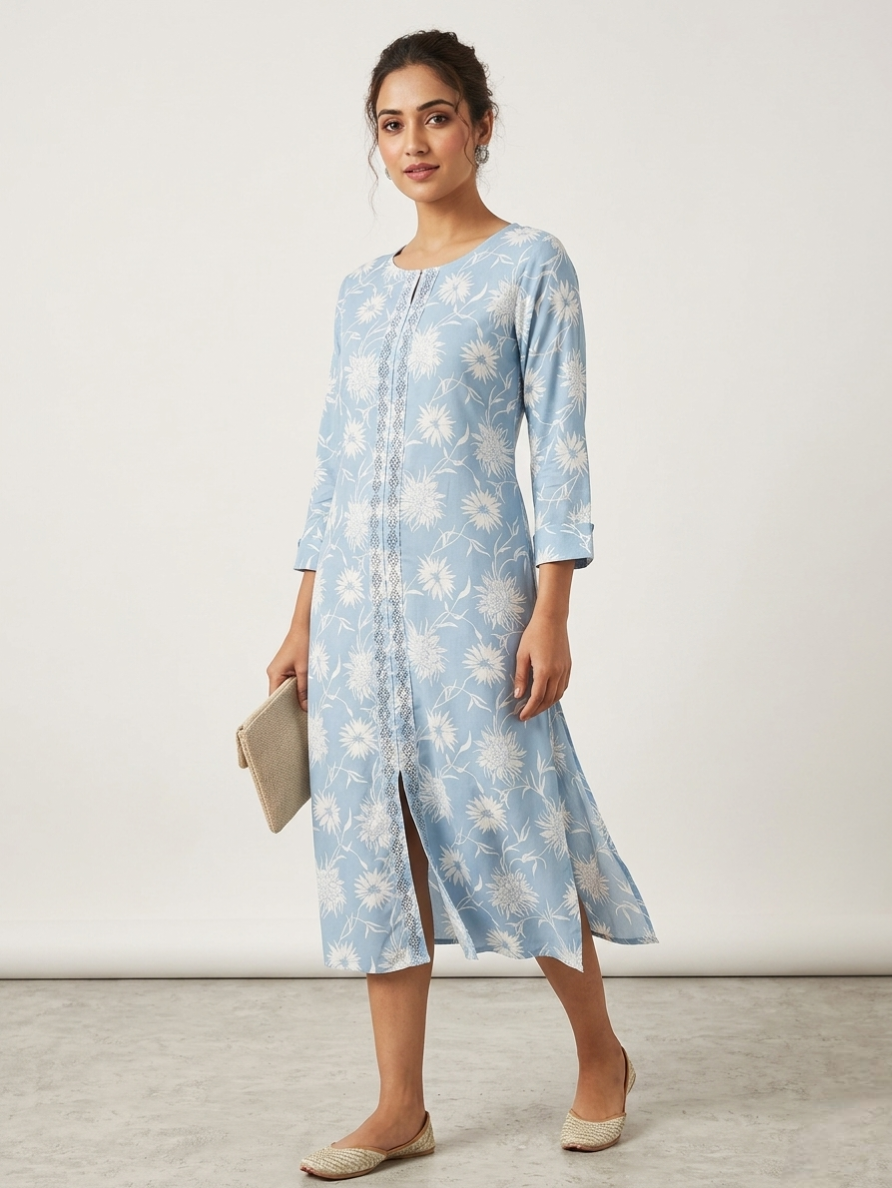 Sky Blue Floral Print Cotton Kurta with Embroidered Placket