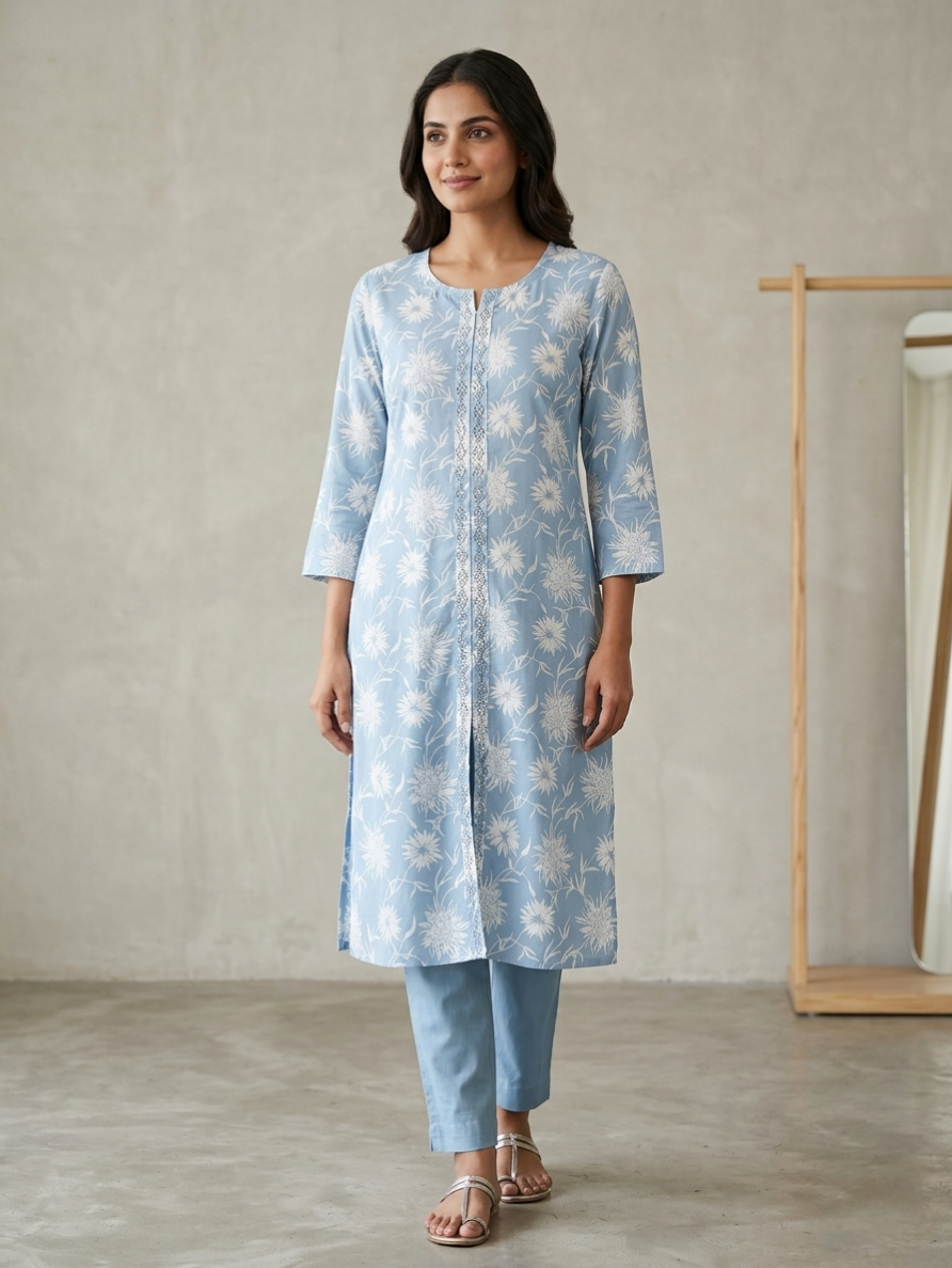 Sky Blue Floral Print Cotton Kurta with Embroidered Placket