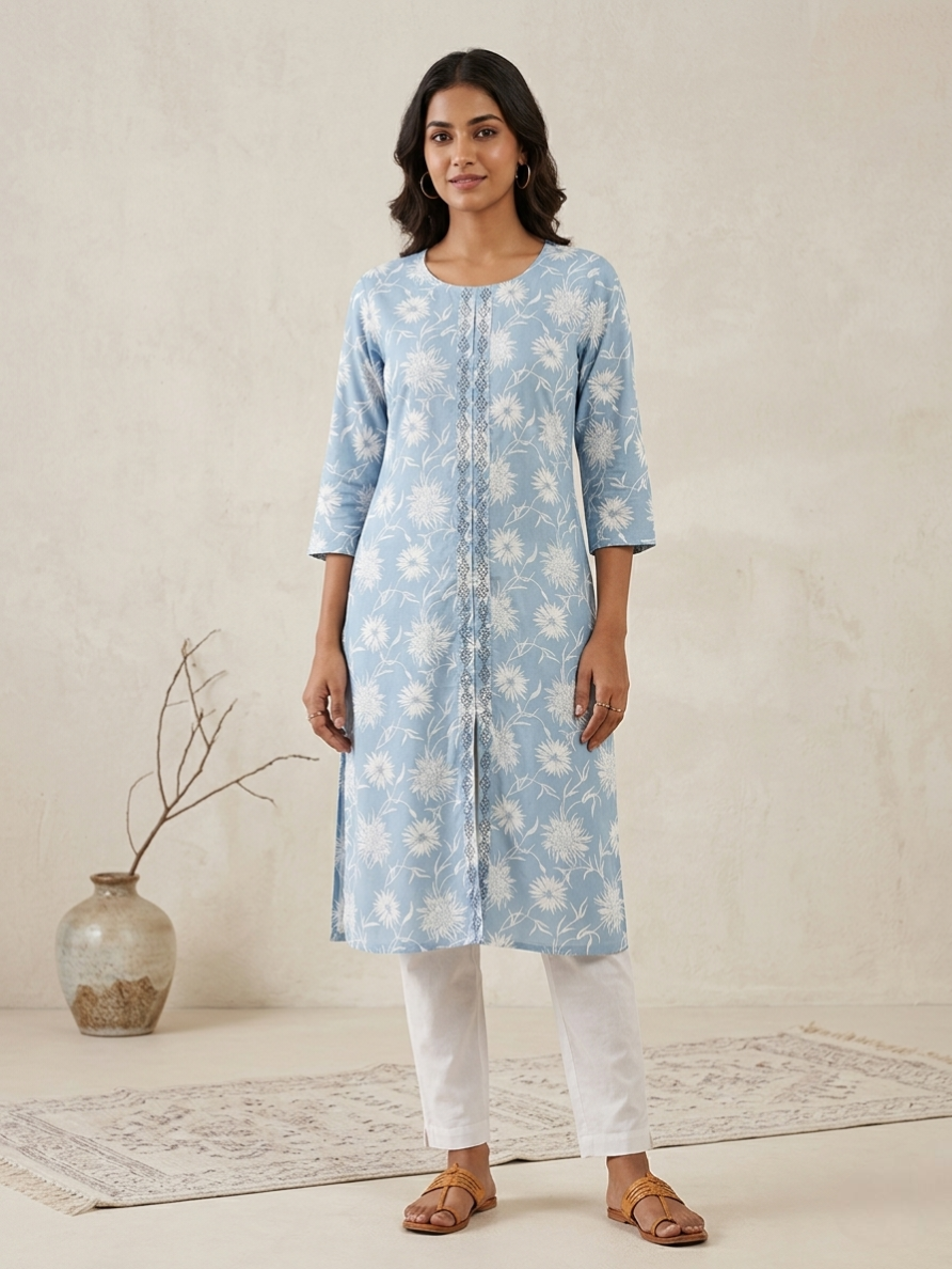 Sky Blue Floral Print Cotton Kurta with Embroidered Placket