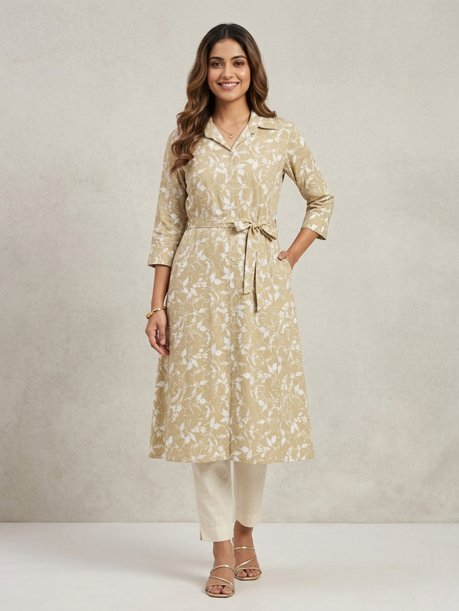 Women's Olive Green & White Floral Cotton Kurti – Collar with Back Bow