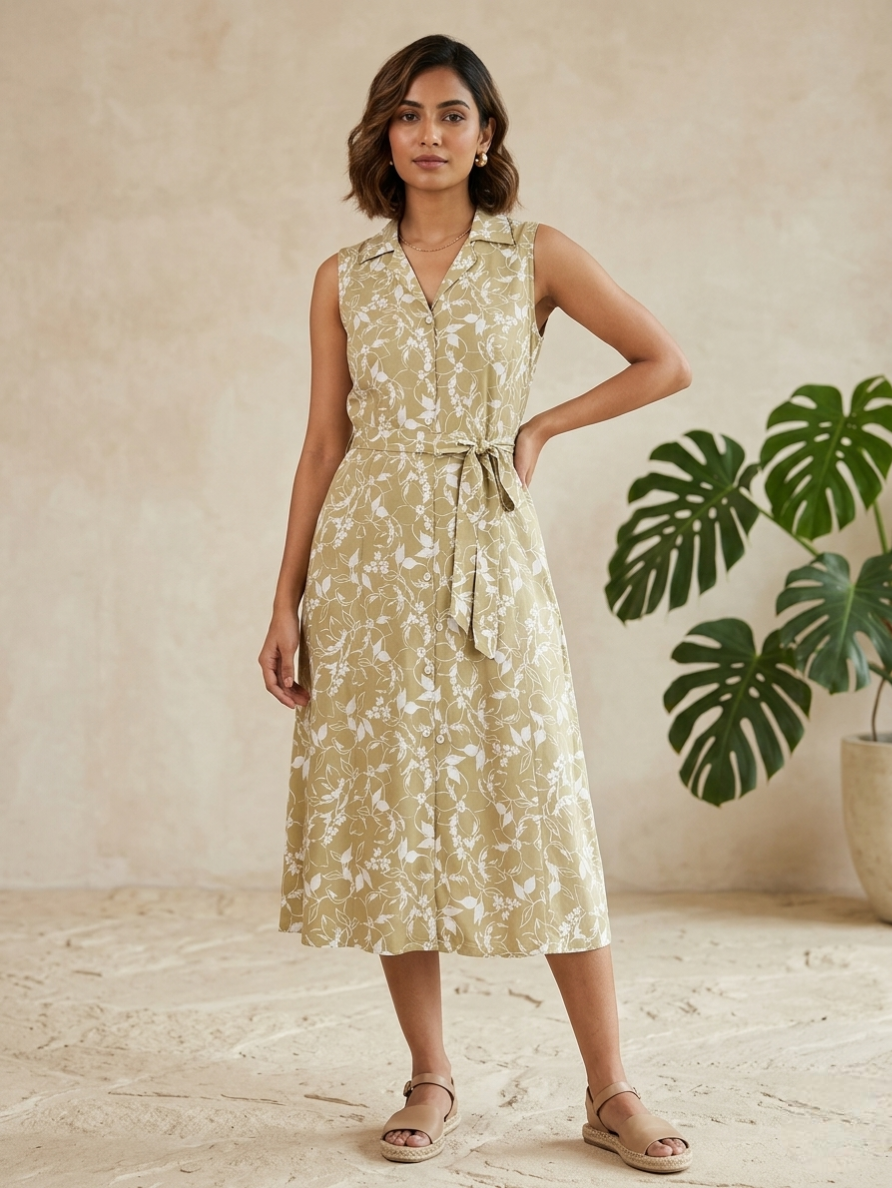 Women's Olive Green & White Floral Cotton Kurti – Collar with Back Bow
