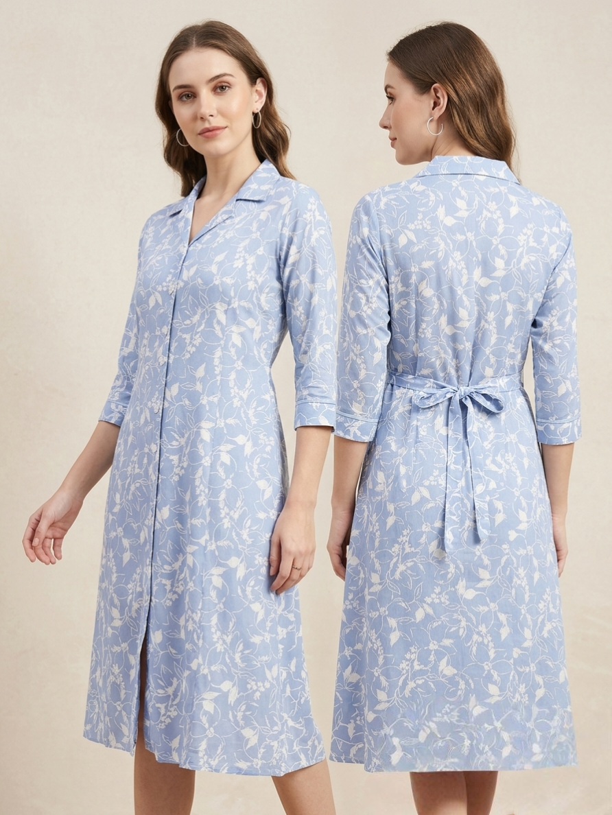 Light Blue Floral Print Cotton Blend Kurti | Front Button with Belt Detail