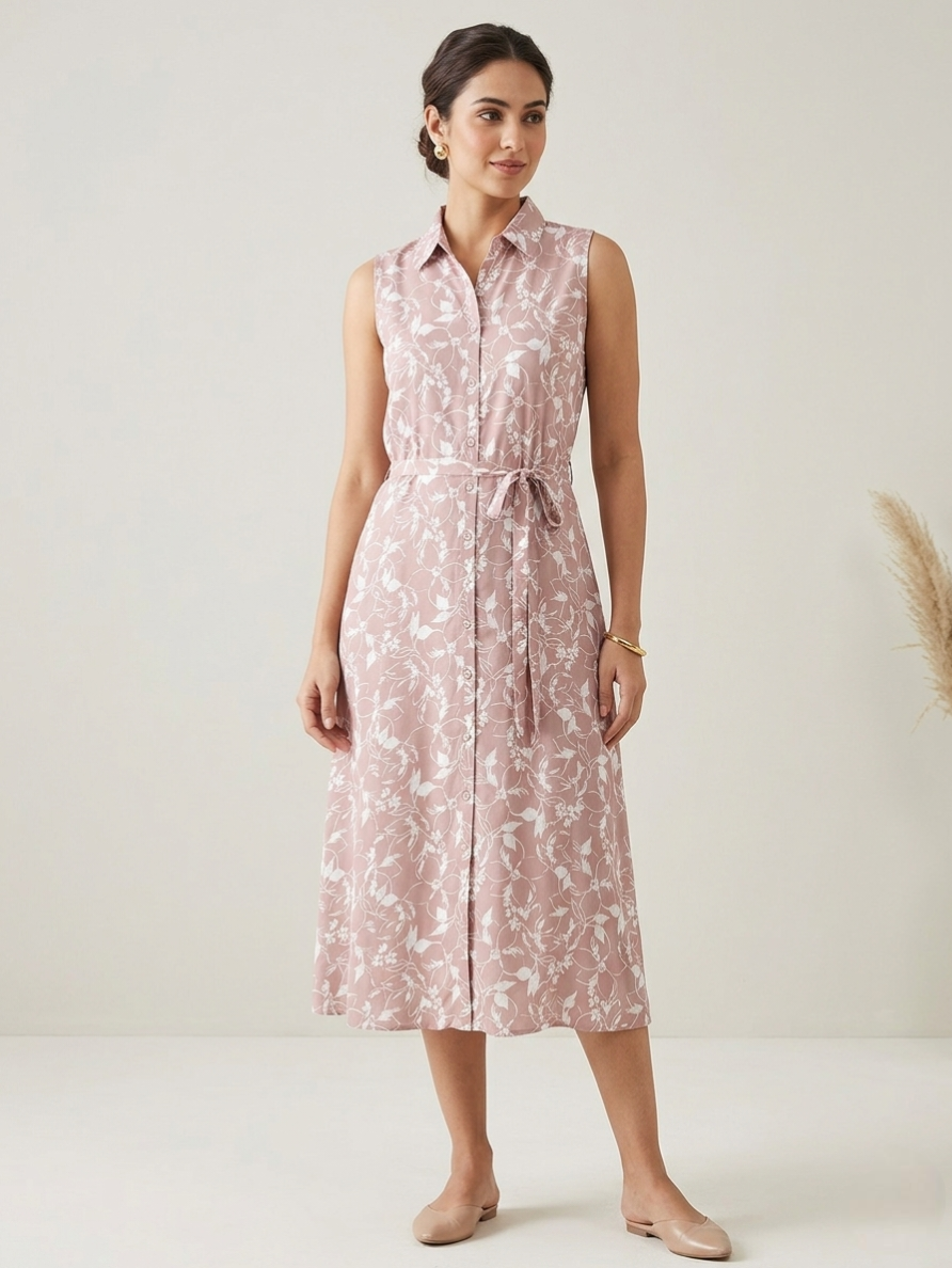 Dusty Rose Floral Print A-Line Kurti with Shirt Collar and Waist Tie-Up