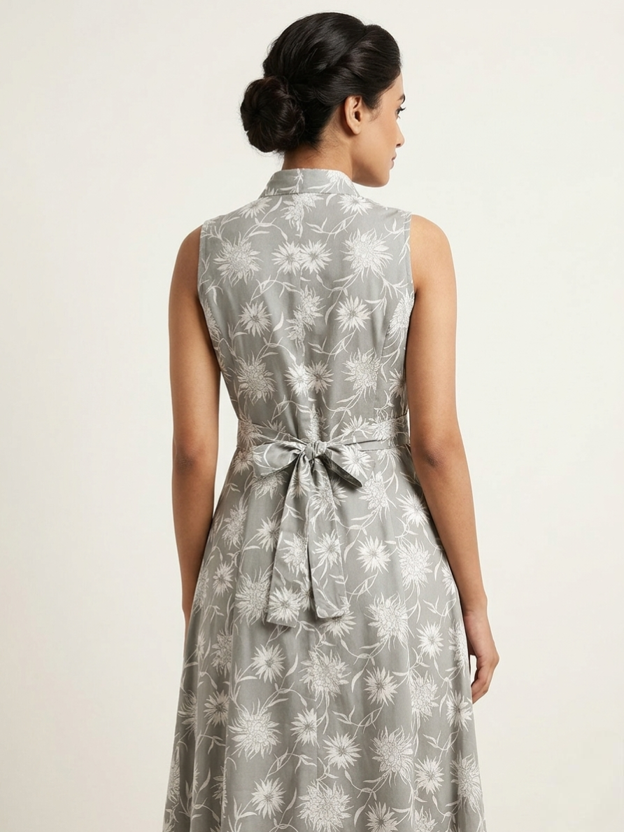 Pastel Grey Floral A-Line Kurti with 3/4 Sleeves and Waist Tie Belt