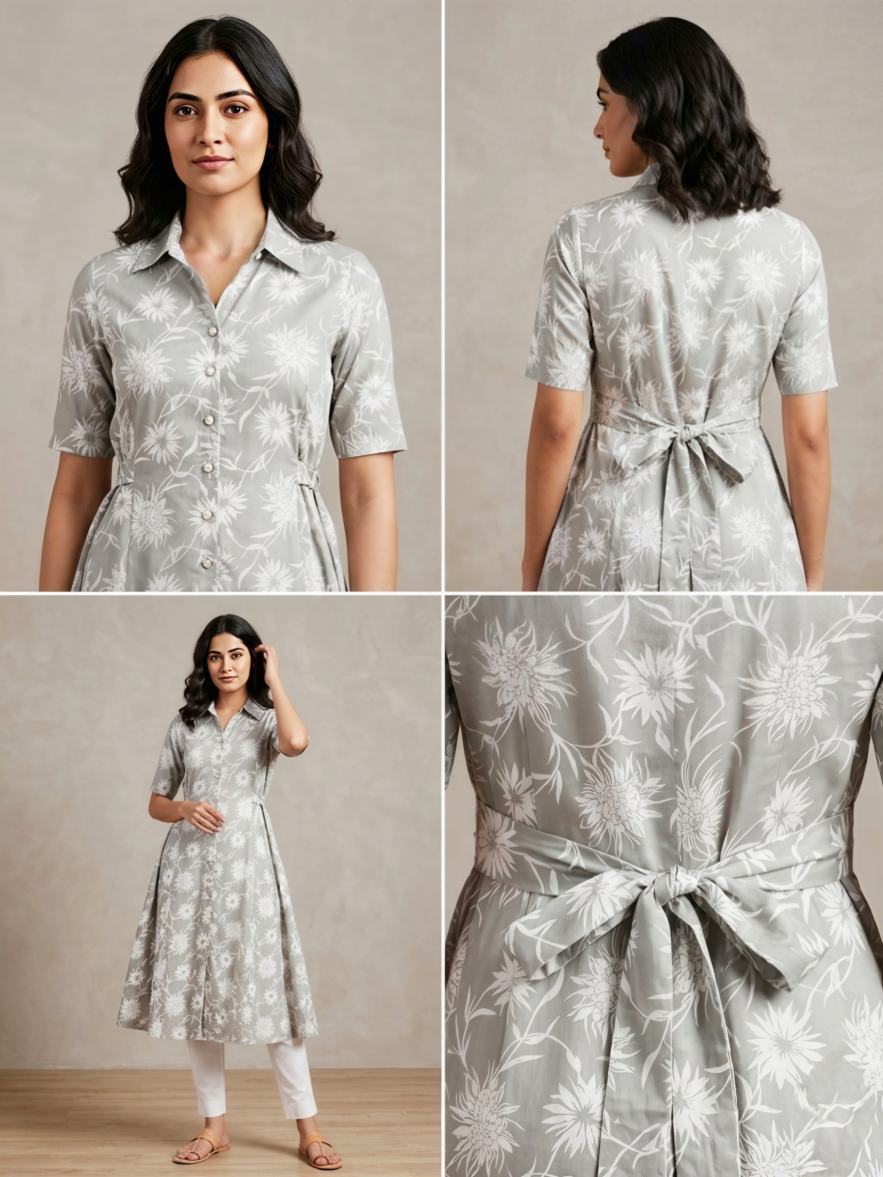Pastel Grey Floral A-Line Kurti with 3/4 Sleeves and Waist Tie Belt