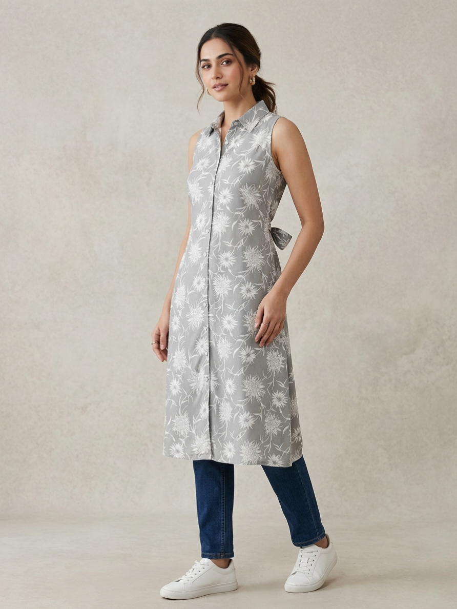 Pastel Grey Floral A-Line Kurti with 3/4 Sleeves and Waist Tie Belt