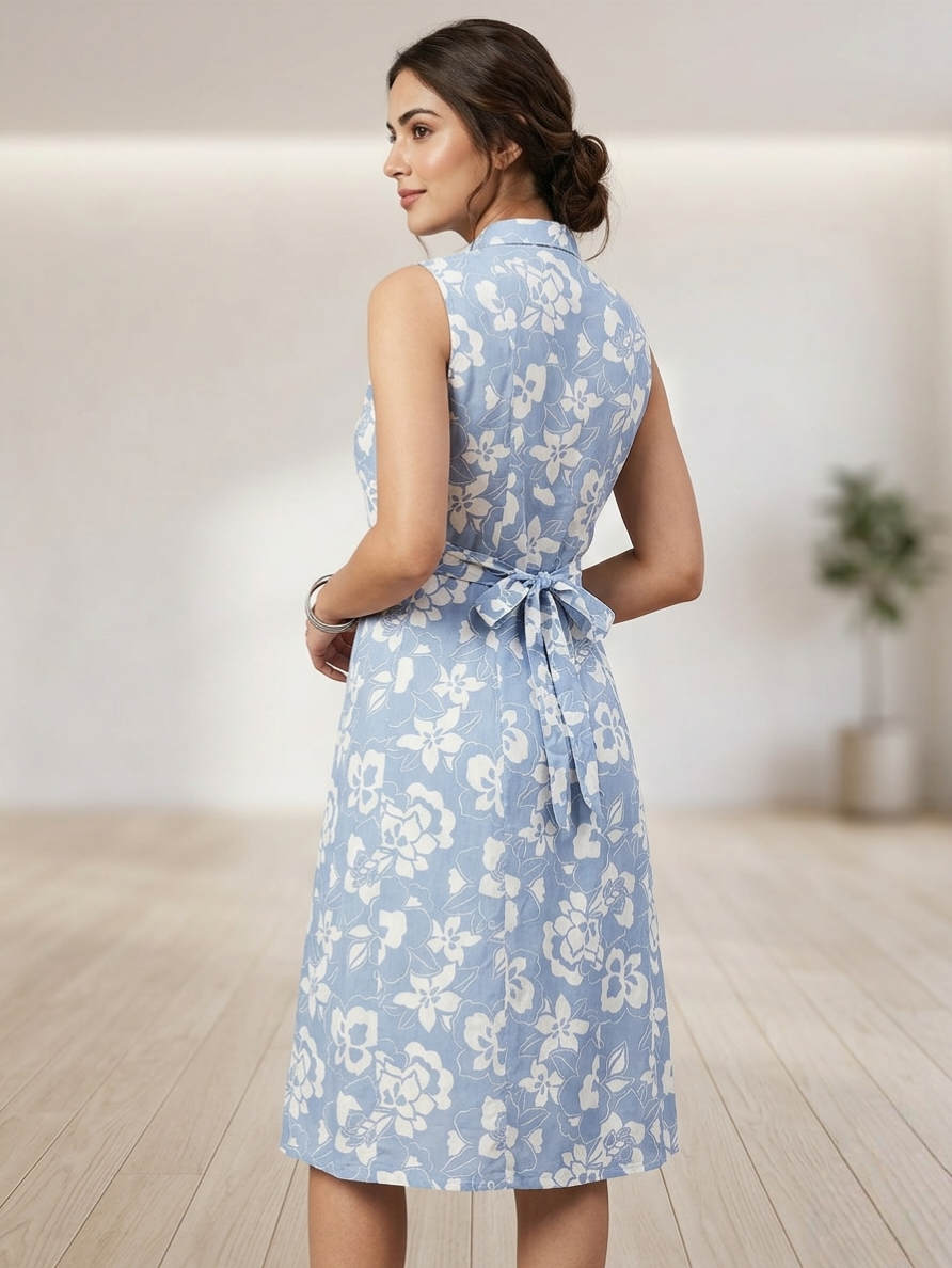 Women's Blue & White Floral Print Kurti with Collar