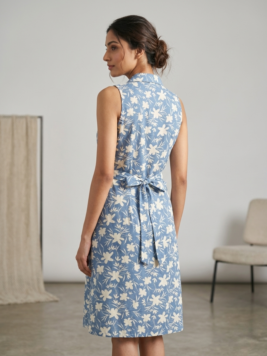 Stunning Bliss Floral Print Cotton-Blend A-Line Kurti with Sleeves and Fabric Belt - SKY Blue