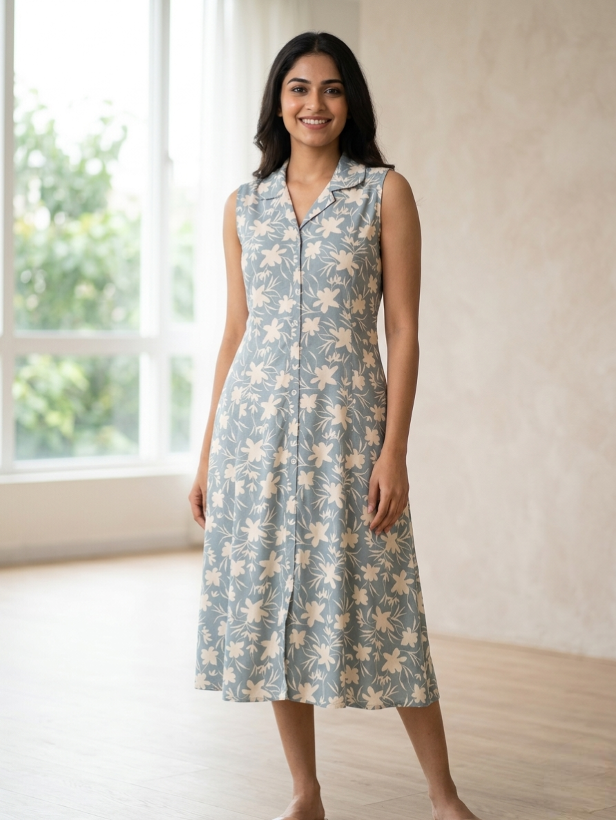 Powder Blue Floral Printed A-Line Kurti with Notch Collar