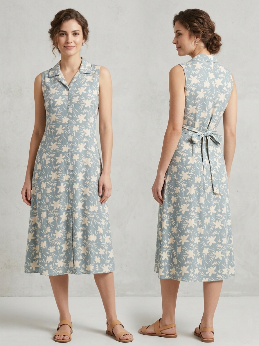 Powder Blue Floral Printed A-Line Kurti with Notch Collar