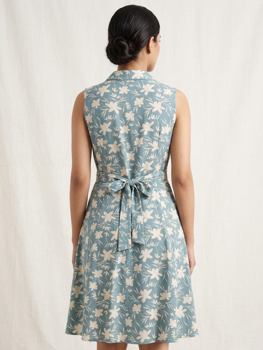 Powder Blue Floral Printed A-Line Kurti with Notch Collar