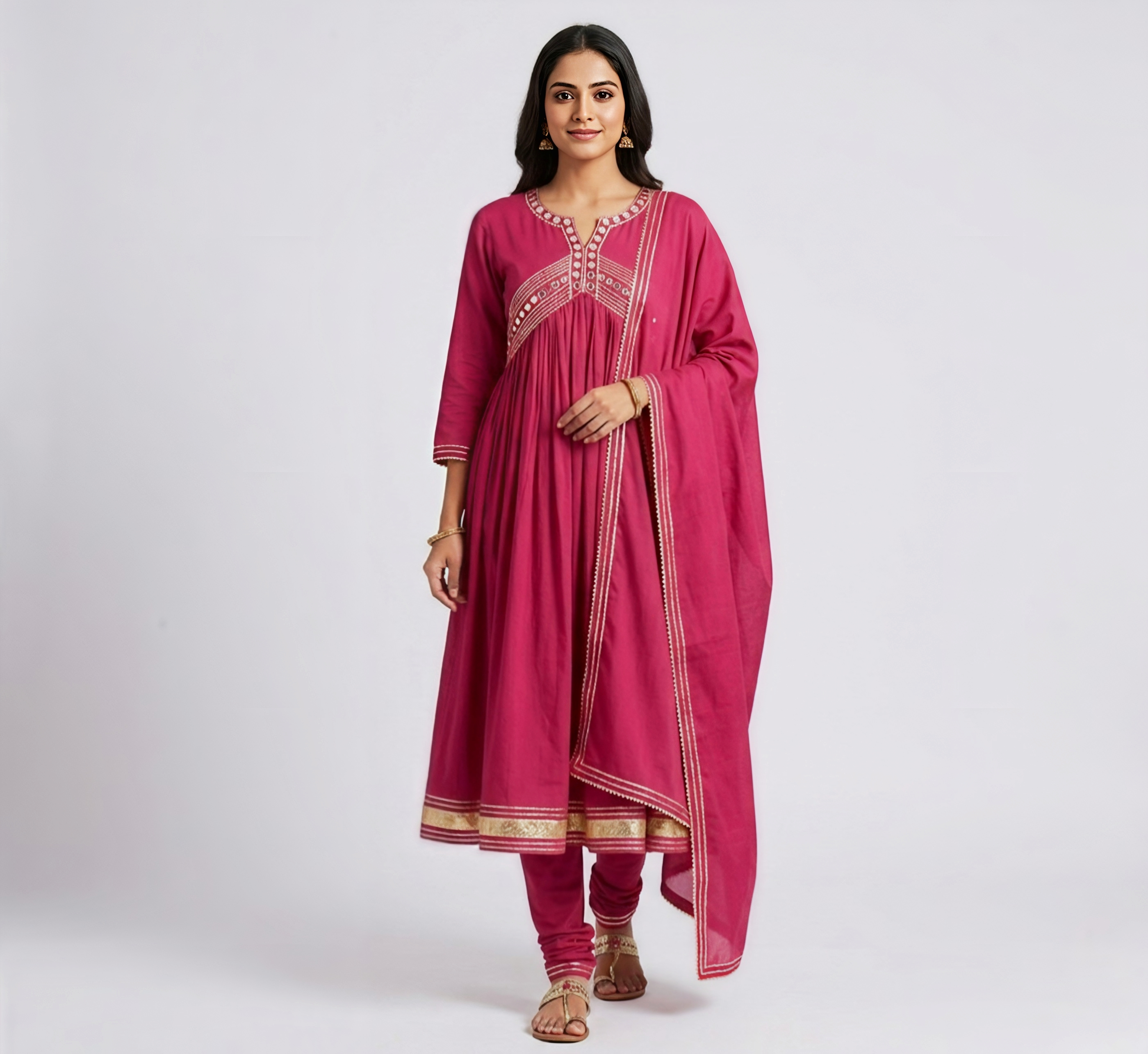 Magenta Pink Handcrafted Cotton Anarkali Suit with Matching Dupatta