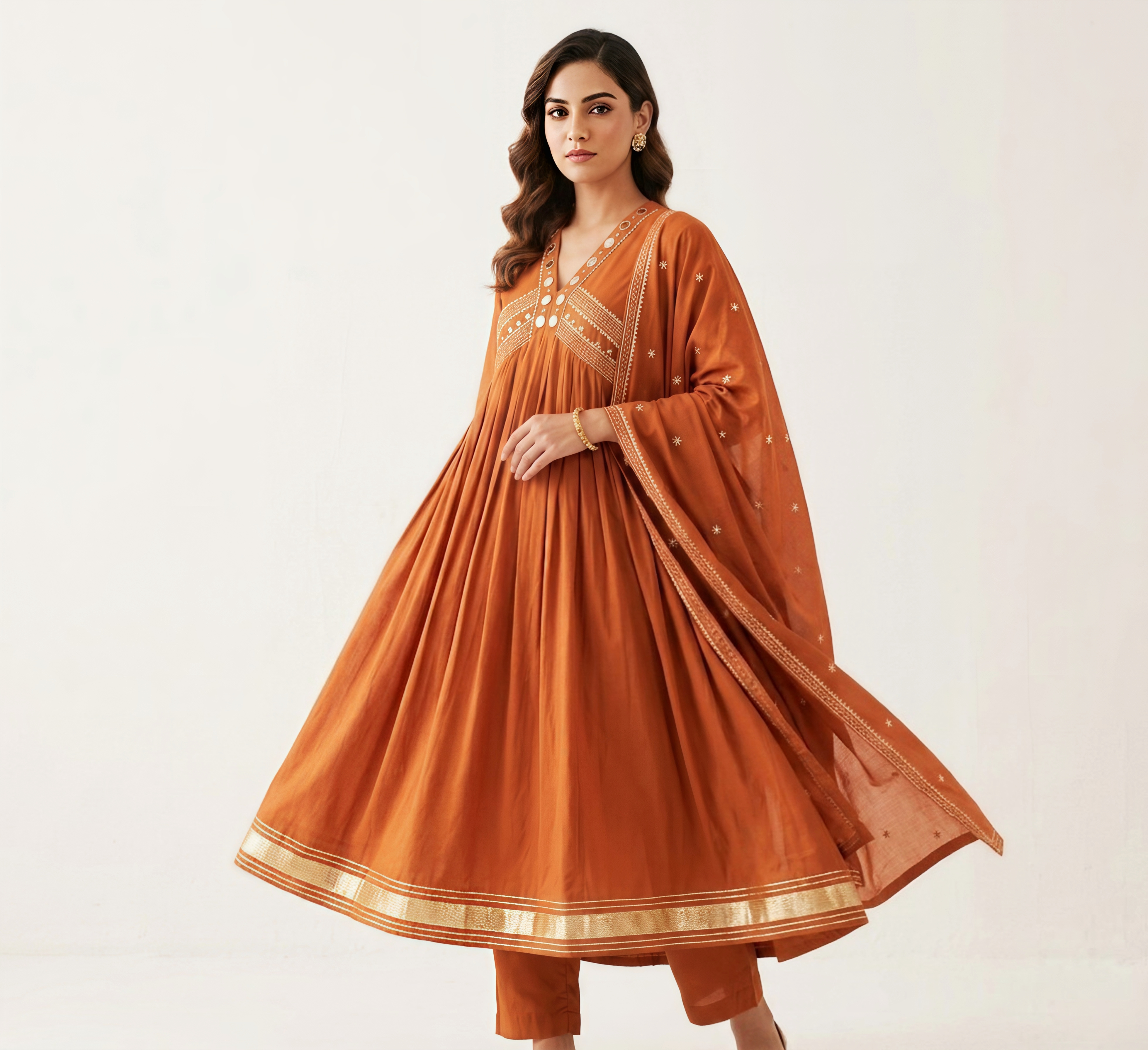Rust Orange Empire-Waist Anarkali Set with Embellished V-Neck & Palazzos