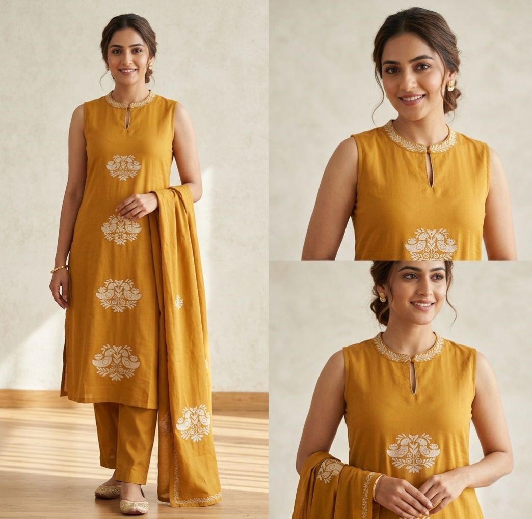 Mustard Yellow Sleeveless Kurta Set with Embroidered Neckline & Matching Dupatta