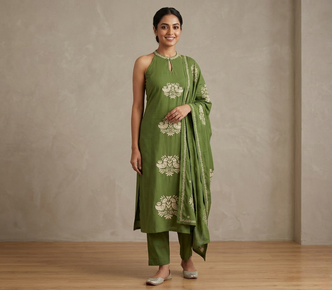 Sage Green Halter-Neck Embroidered Kurta Set with Dupatta