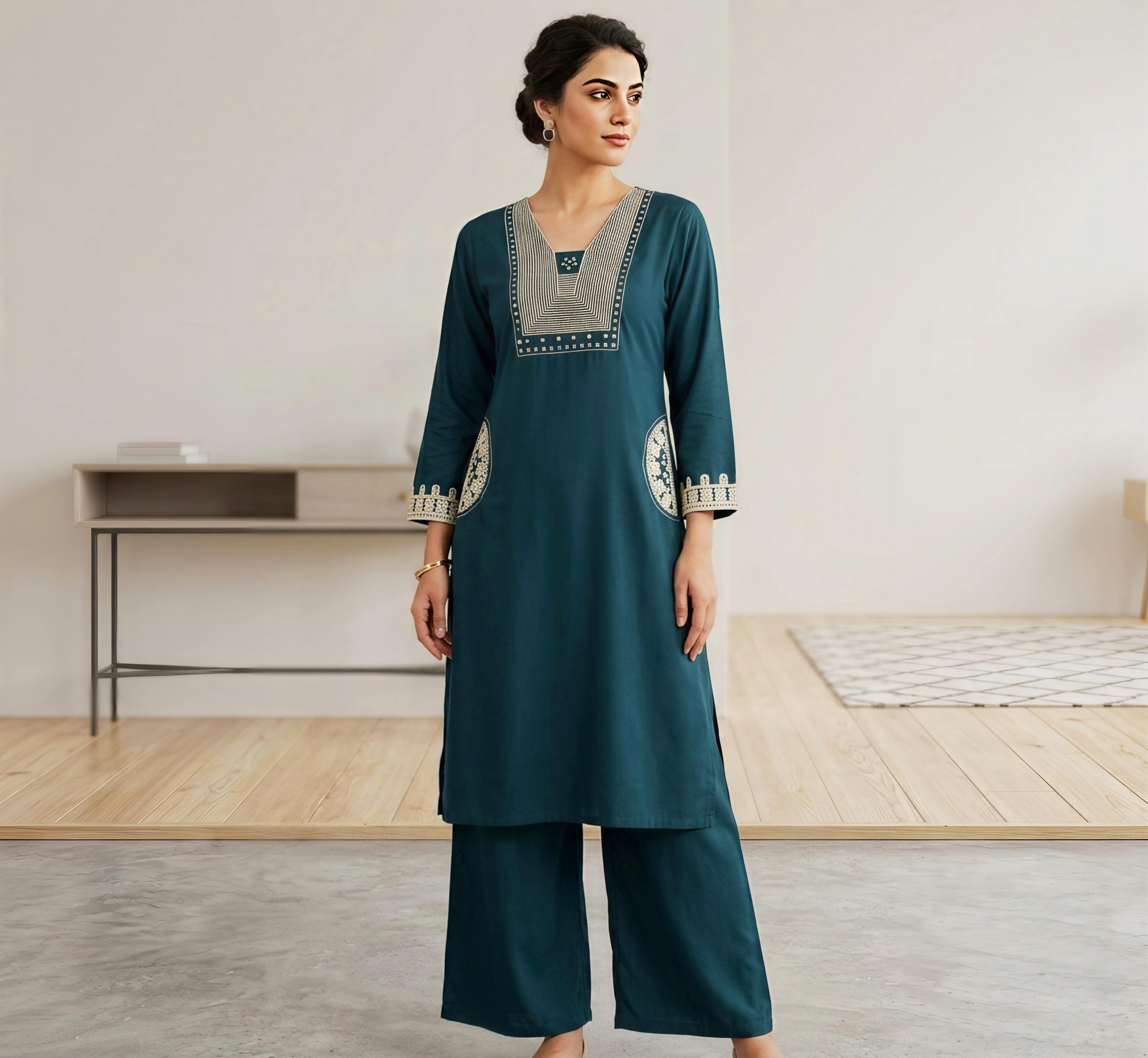 Women’s Teal Green cotton Kurta and Palazzo Set with Geometric Embroidery