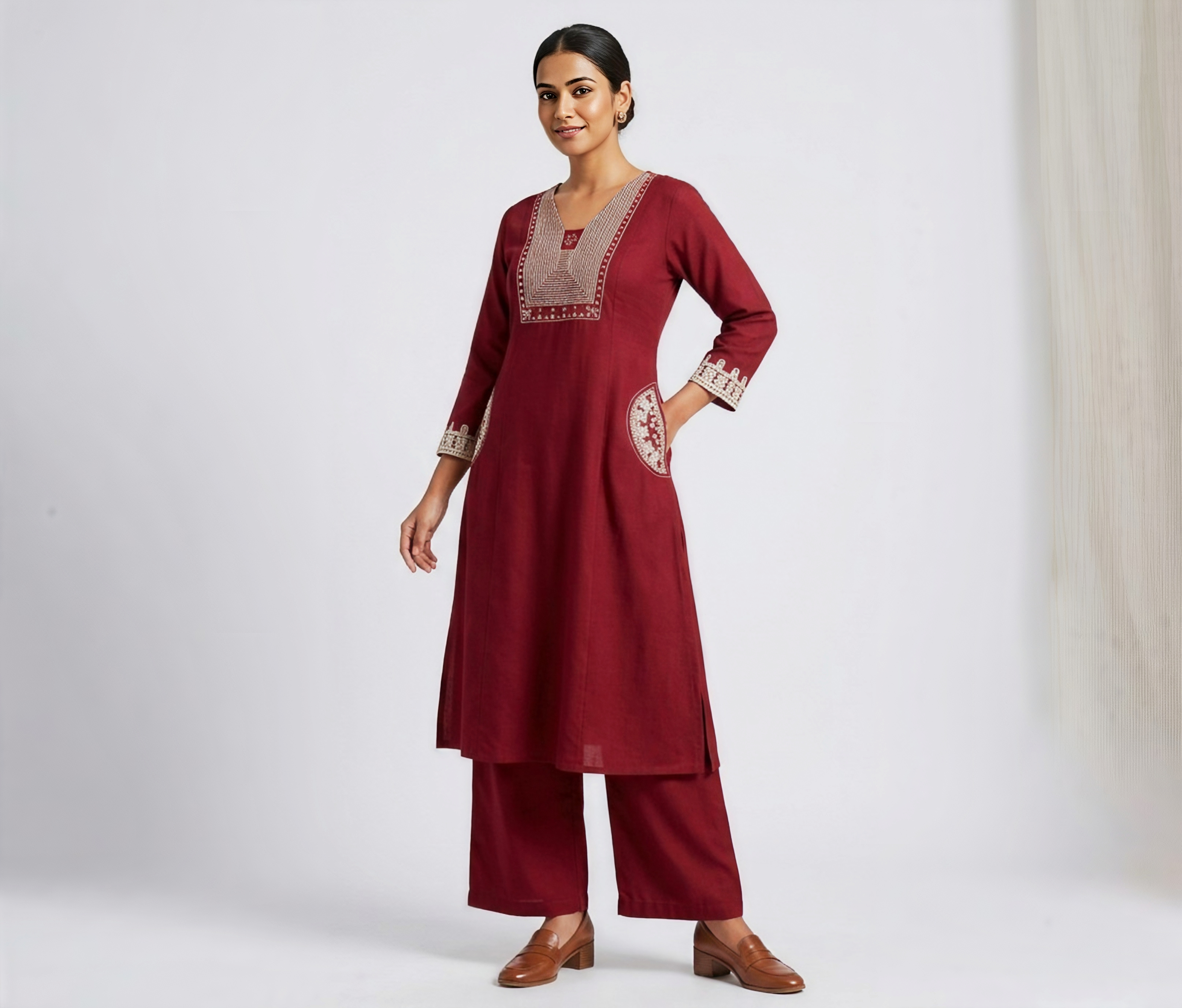 Maroon Embroidered A-Line Kurti with Palazzo Pants – 2 Piece Ethnic Set